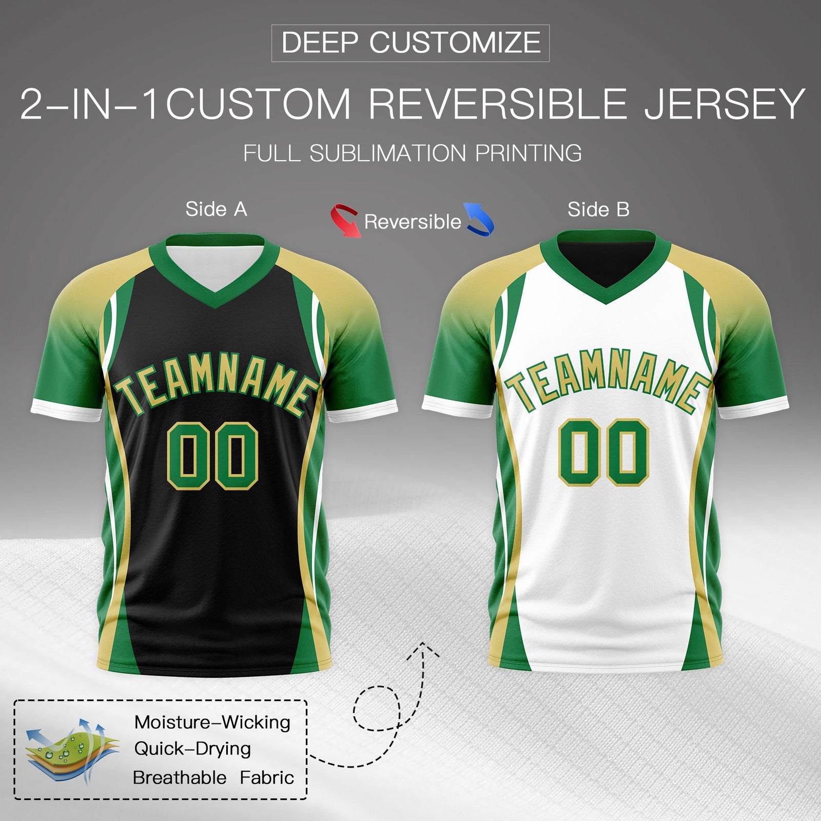 Custom Black Old Gold Kelly Green Reversible Breathable T-shirt| KXKSHOP