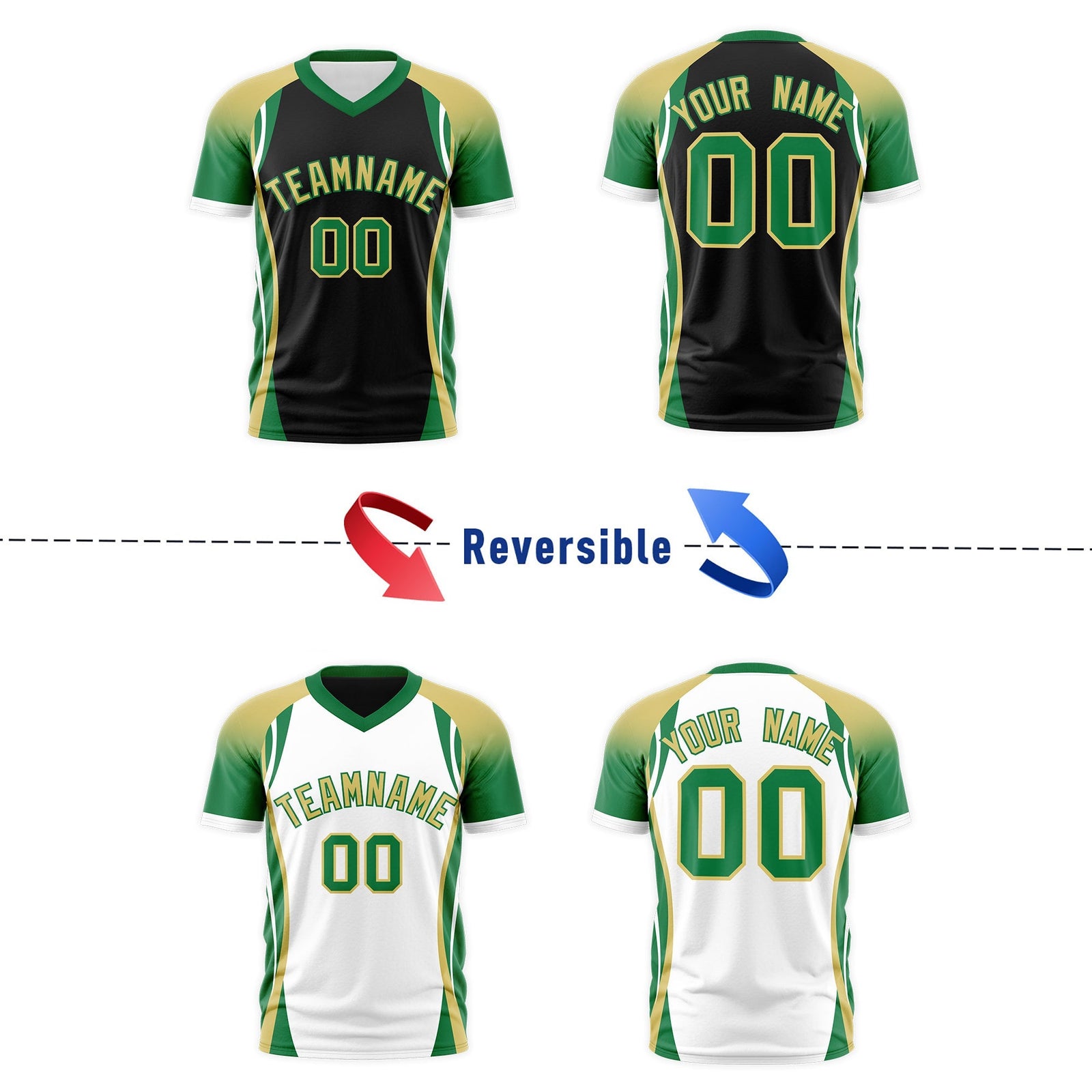 Custom Black Old Gold Kelly Green Reversible Breathable T-shirt| KXKSHOP