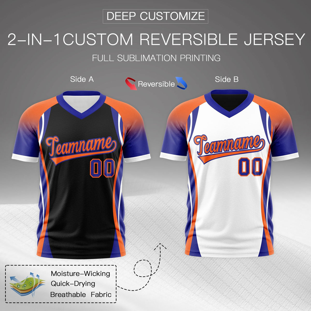 Custom Black Orange Royal Blue Reversible Wrinkle-Resistant T-shirt| KXKSHOP