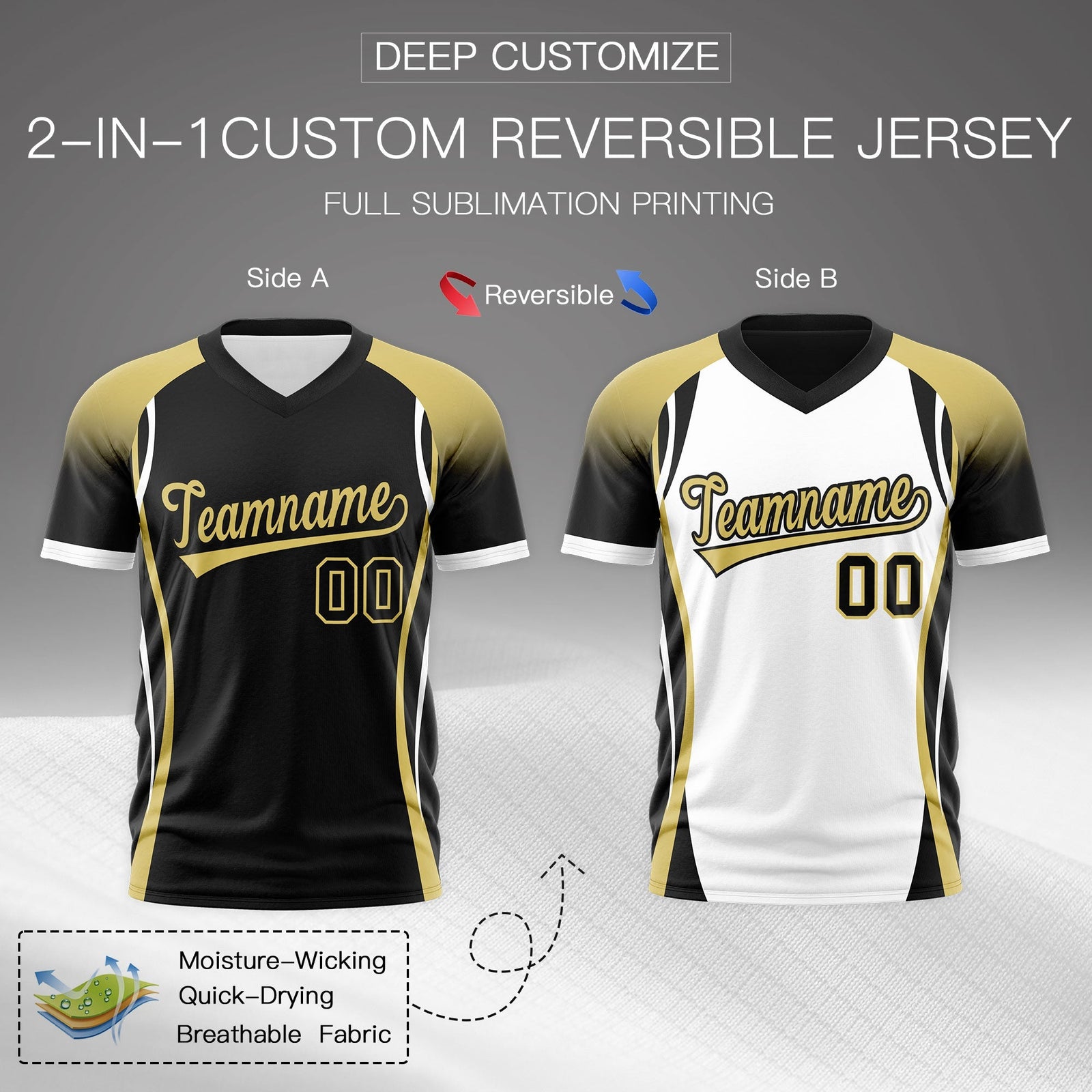 Custom Black Old Gold White Reversible Wrinkle-Resistant T-shirt| KXKSHOP