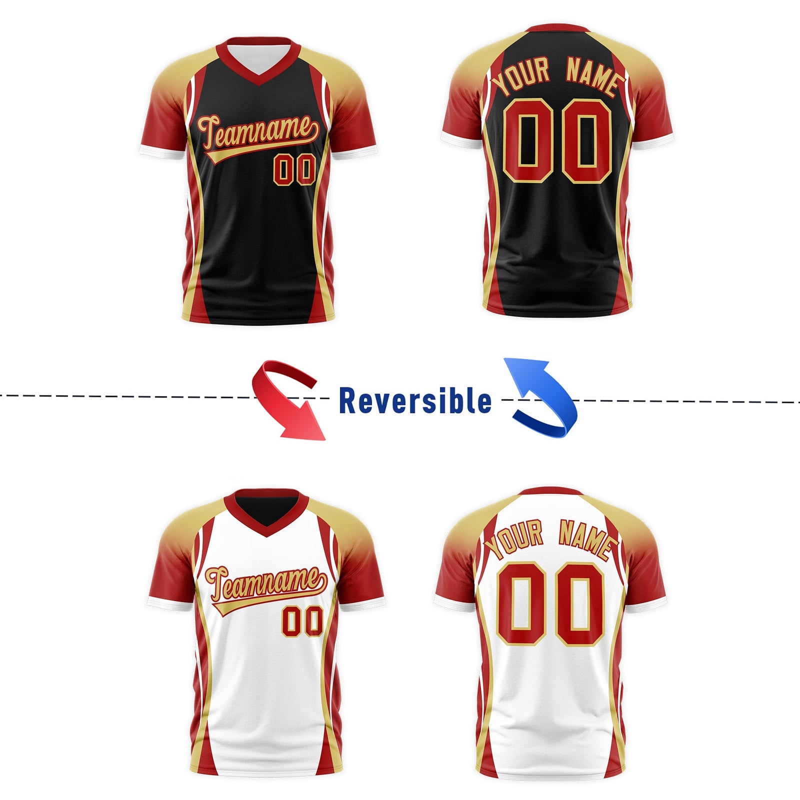 Custom Black Old Gold Red Reversible Breathable T-shirt| KXKSHOP