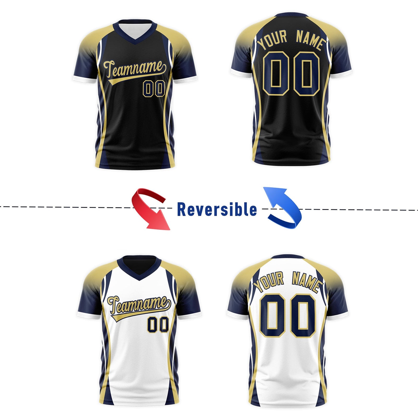 Custom Black Old Gold Navy Reversible Wrinkle-Resistant T-shirt| KXKSHOP