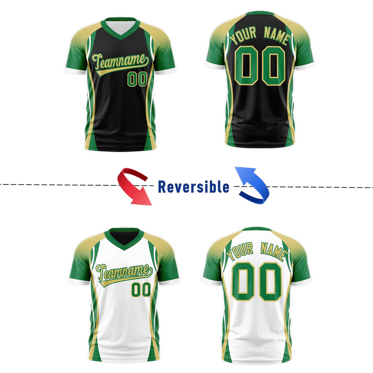Custom Black Old Gold Kelly Green Reversible Breathable T-shirt| KXKSHOP