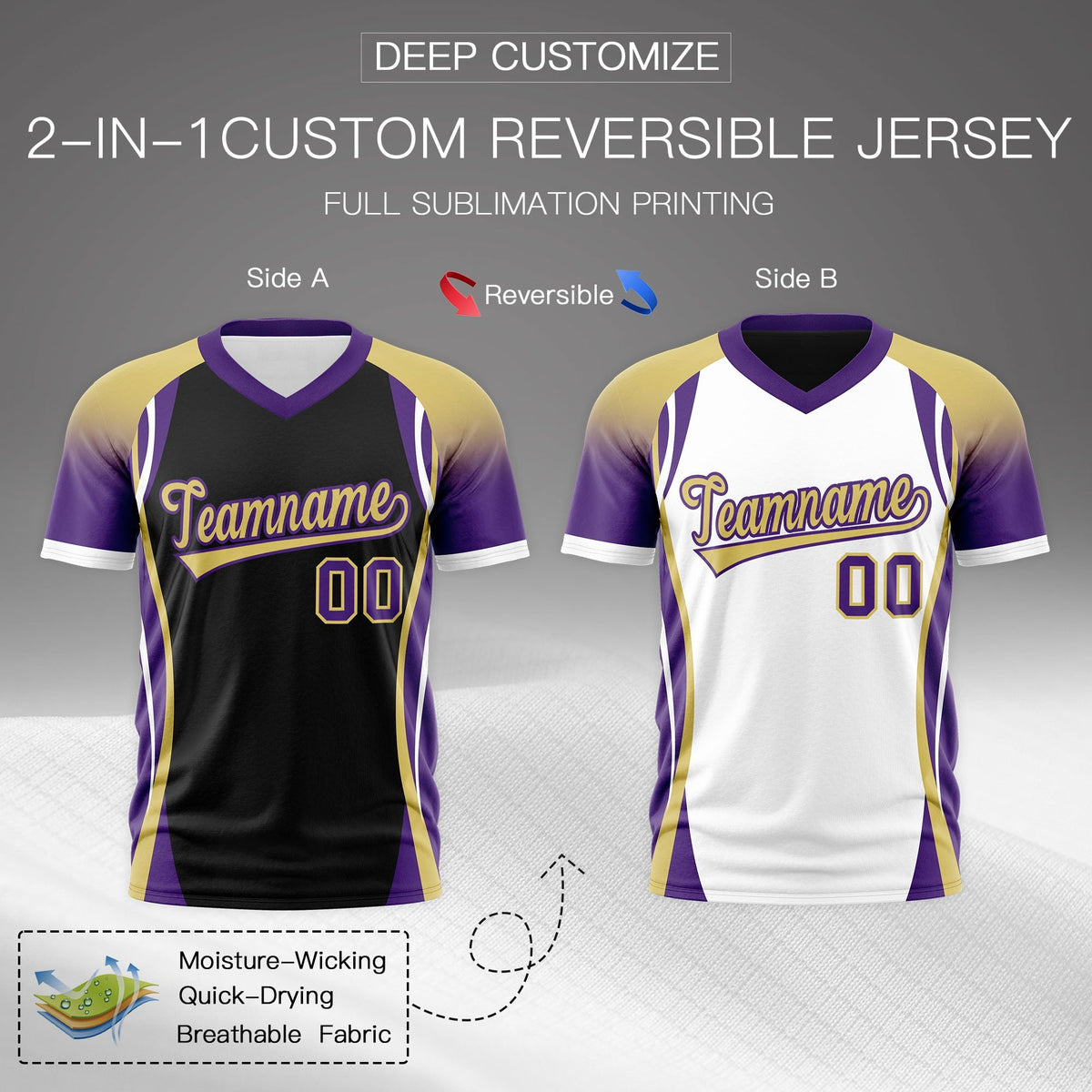 Custom Black Old Gold Purple Reversible Breathable T-shirt| KXKSHOP