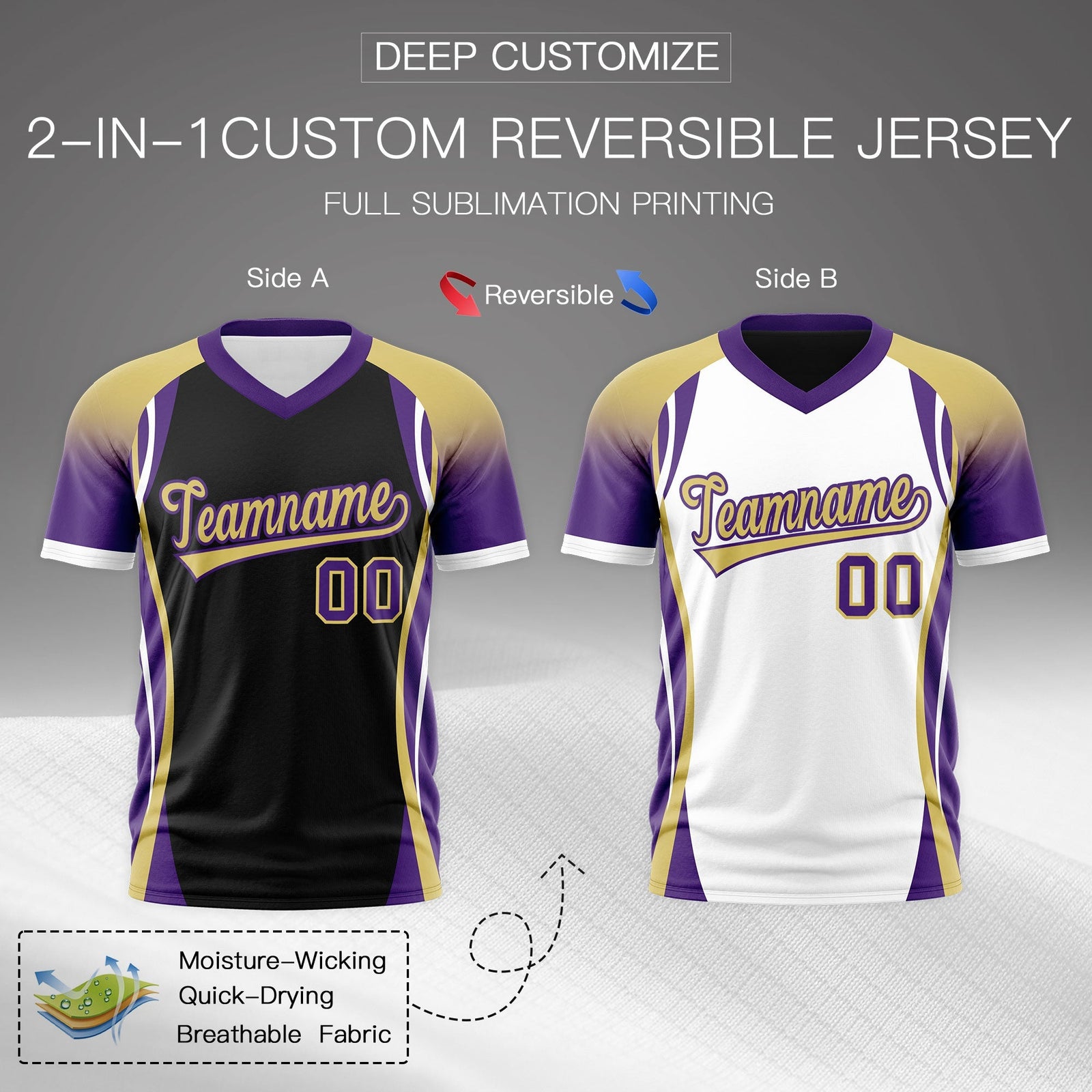 Custom Black Old Gold Purple Reversible Breathable T-shirt| KXKSHOP