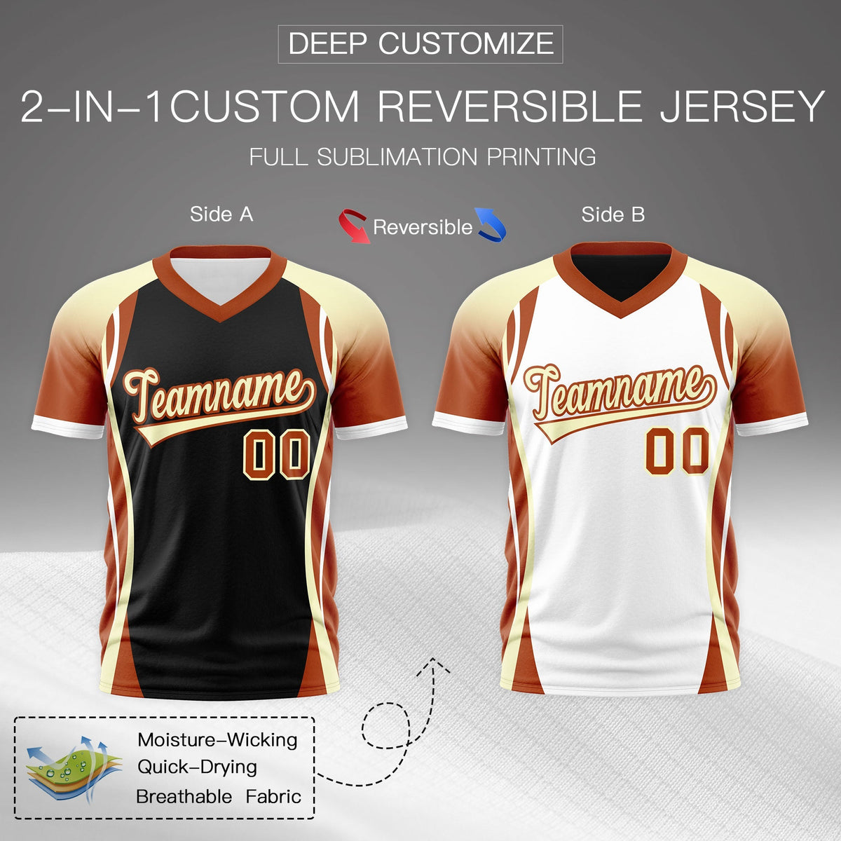 Custom Black Cream Dark Orange Reversible Breathable T-shirt| KXKSHOP