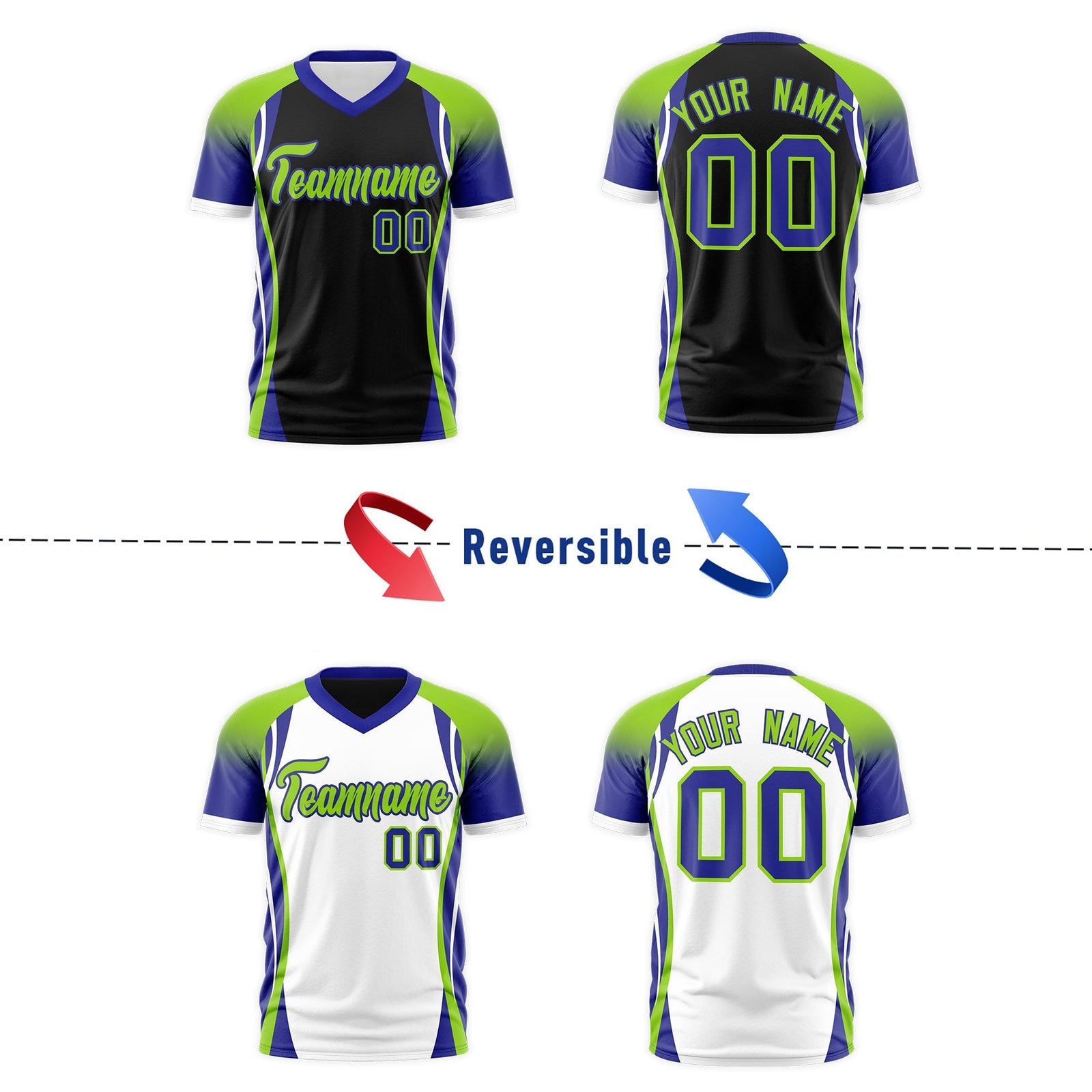 Custom Black Neon Green Royal Blue Reversible Breathable T-shirt| KXKSHOP