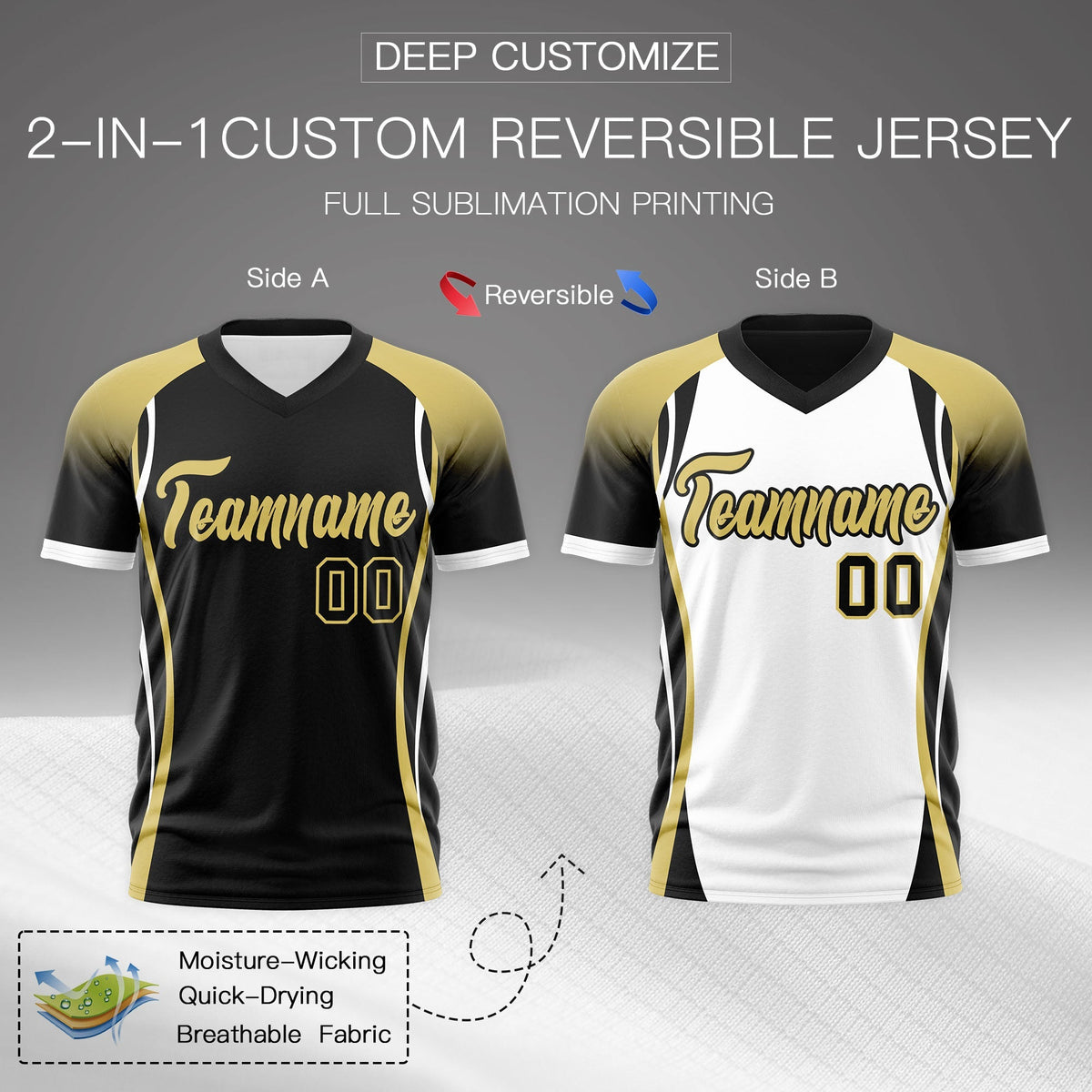 Custom Black Old Gold White Reversible Wrinkle-Resistant T-shirt| KXKSHOP