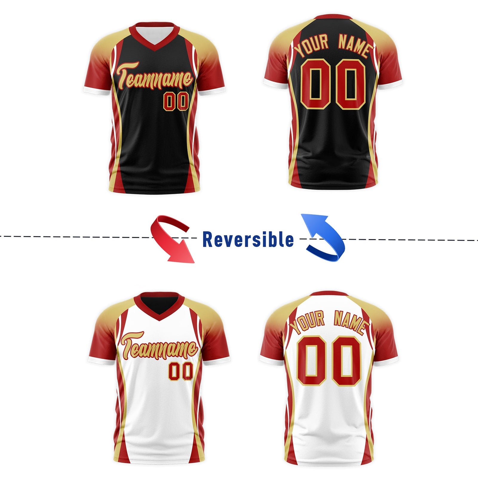 Custom Black Old Gold Red Reversible Breathable T-shirt| KXKSHOP