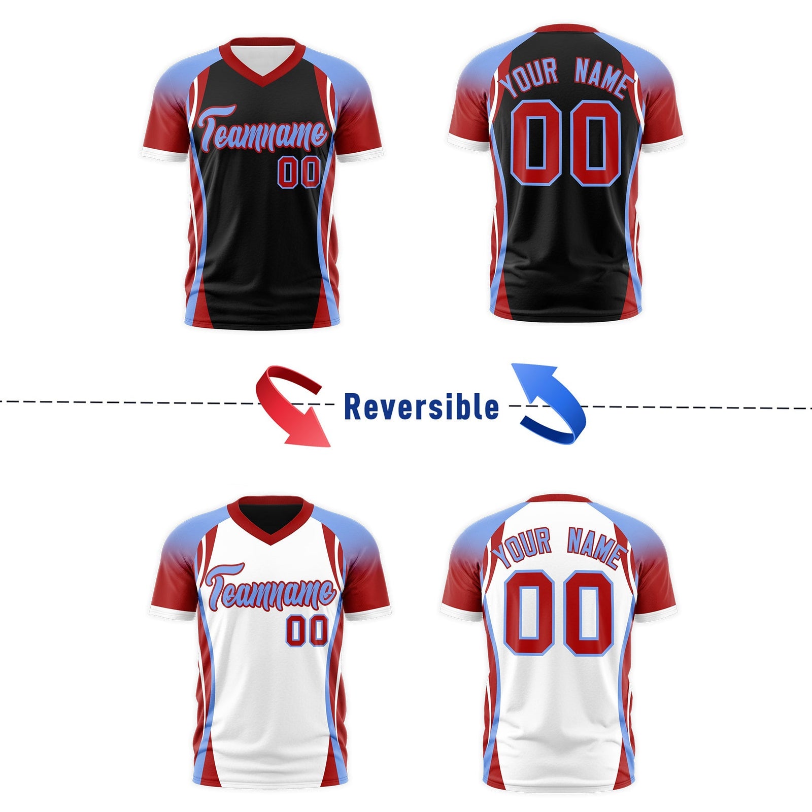 Custom Black Light Blue Red Reversible Breathable T-shirt| KXKSHOP