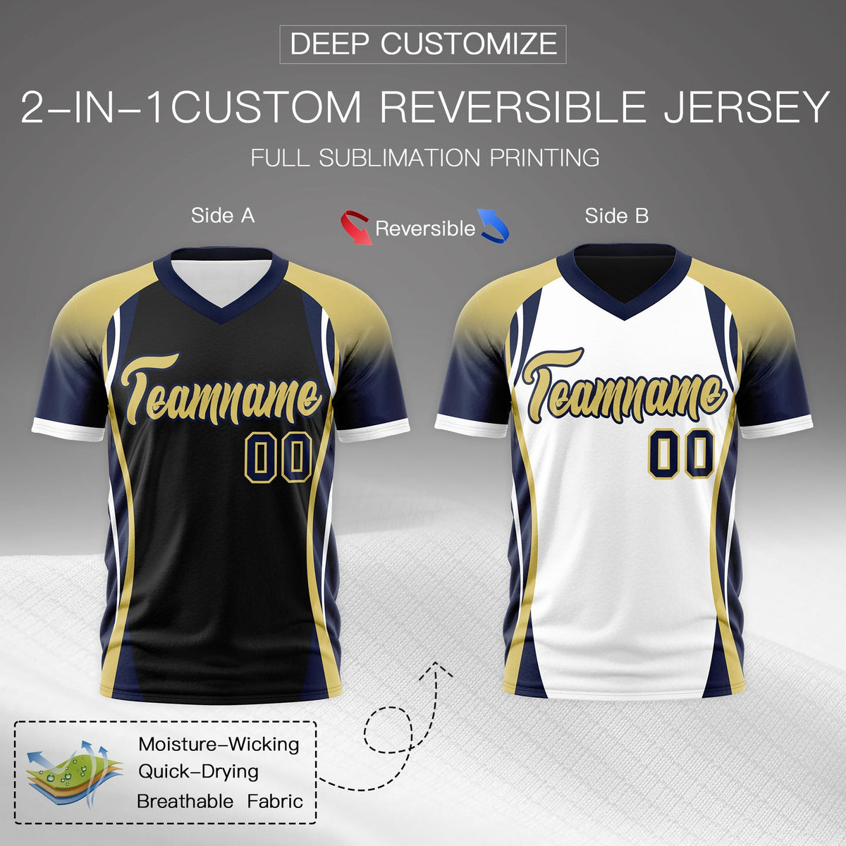 Custom Black Old Gold Navy Reversible Wrinkle-Resistant T-shirt| KXKSHOP
