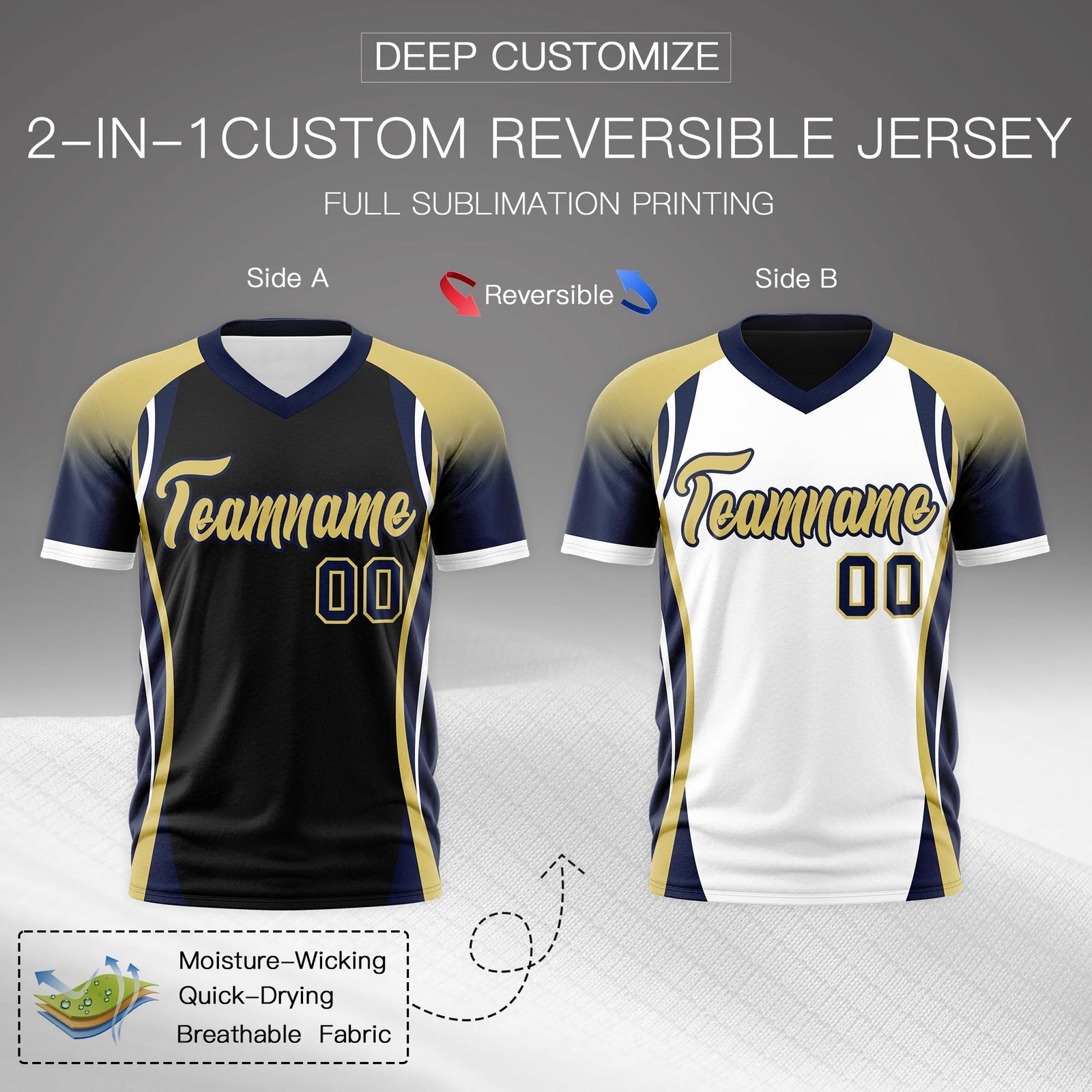 Custom Black Old Gold Navy Reversible Wrinkle-Resistant T-shirt| KXKSHOP
