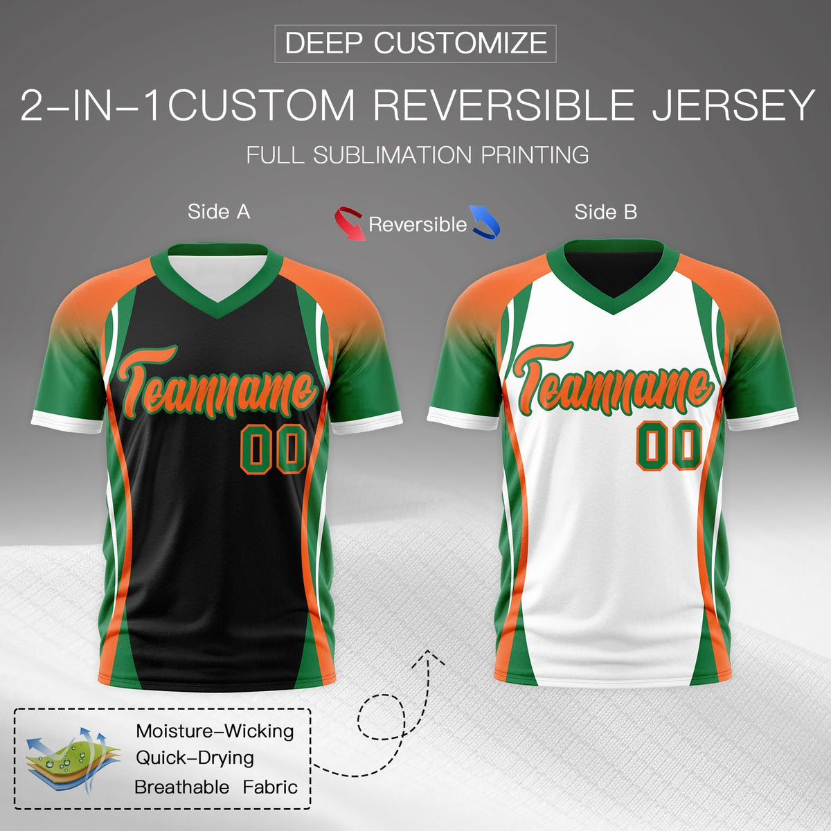 Custom Black Orange Kelly Green Reversible Breathable T-shirt| KXKSHOP