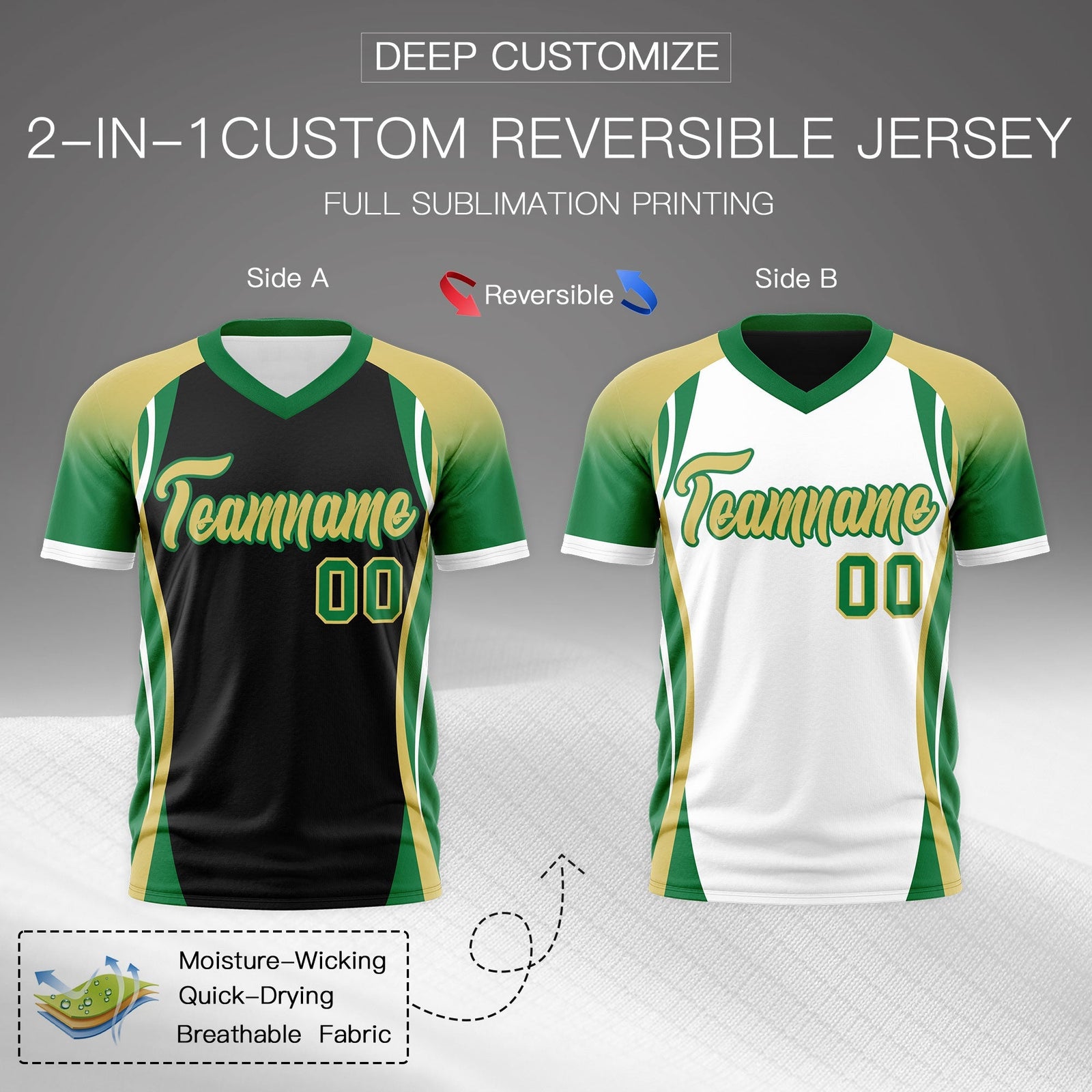 Custom Black Old Gold Kelly Green Reversible Breathable T-shirt| KXKSHOP