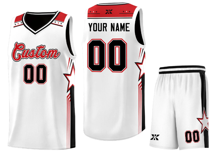 Custom White Red Star Graffiti Pattern Sports Uniform Basketball Jersey