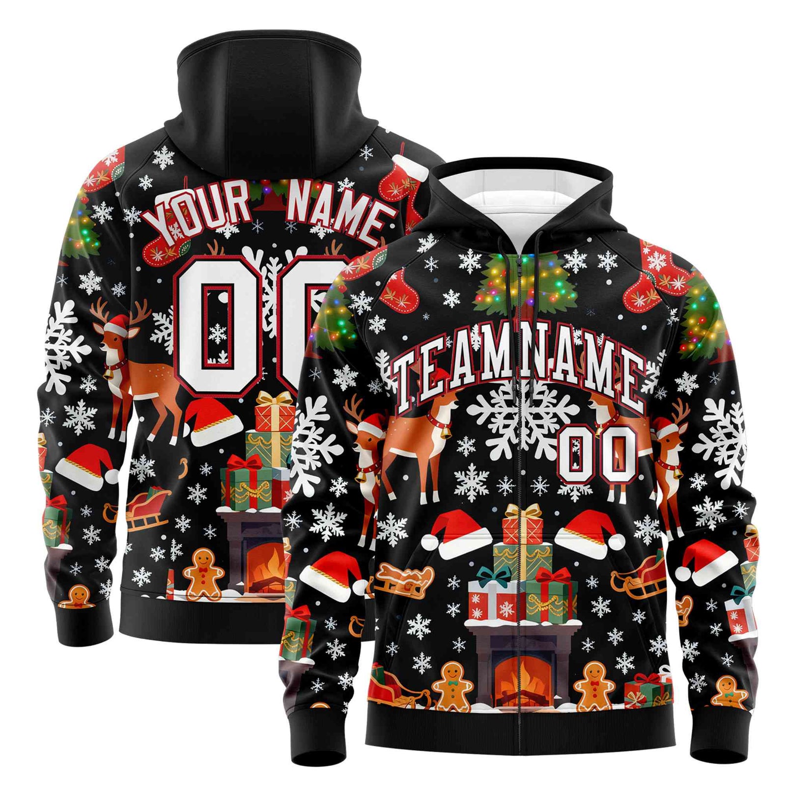 Custom Black White Christmas Graffiti Pattern Athletic Full-Zip Hoodie