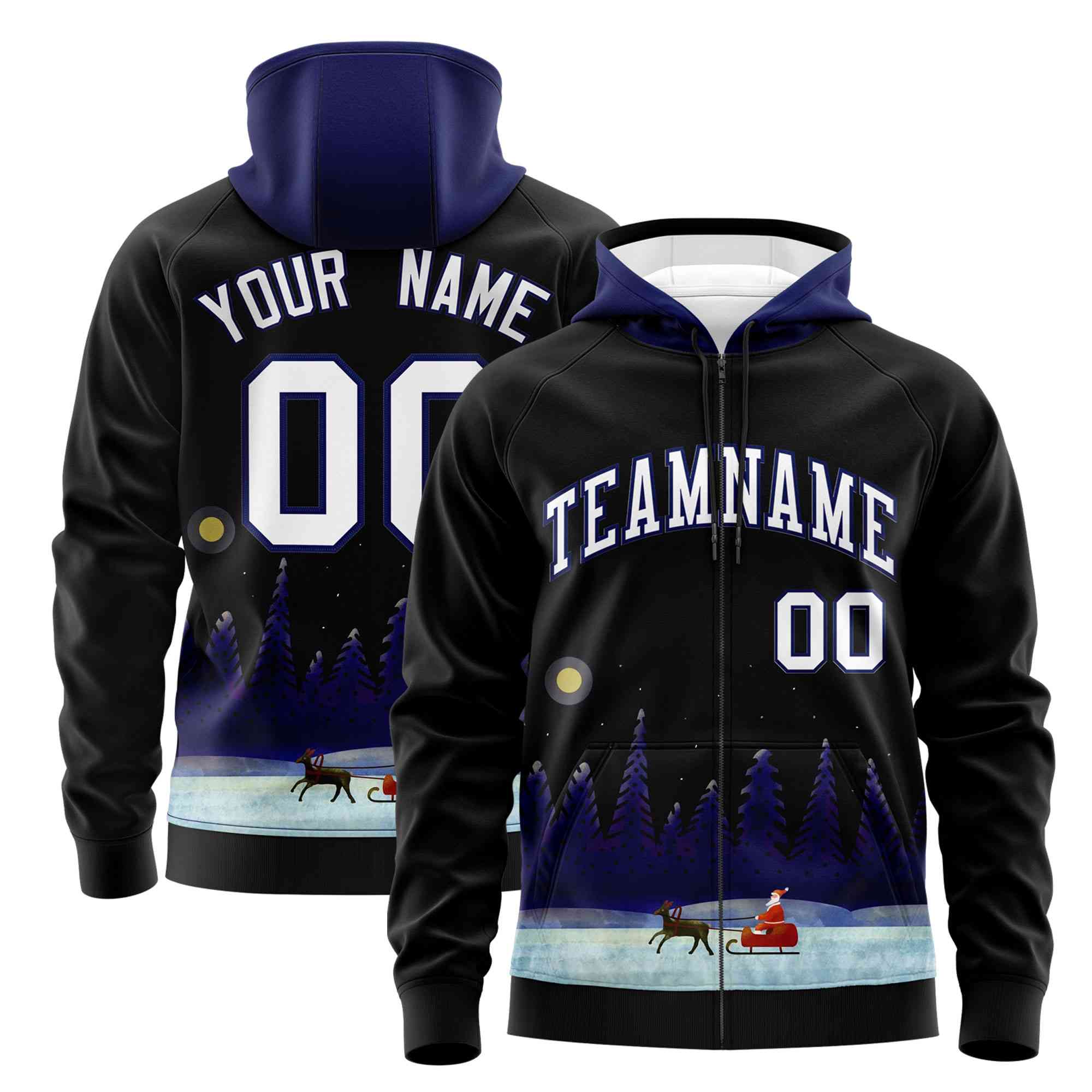 Custom Black Dark Blue Christmas Graffiti Pattern Athletic Full-Zip Hoodie