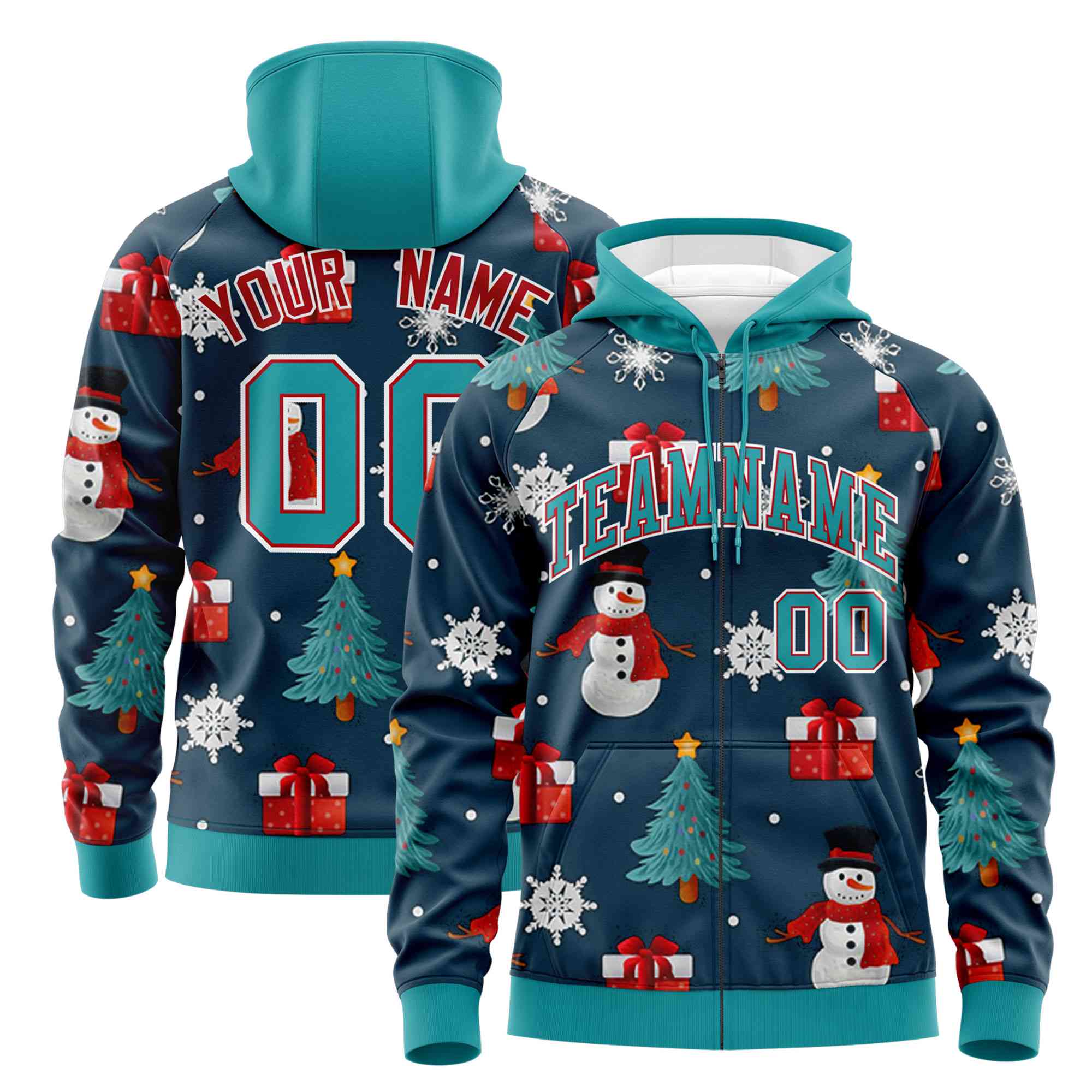 Custom Midnight Blue Aqua Christmas Graffiti Pattern Athletic Full-Zip Hoodie