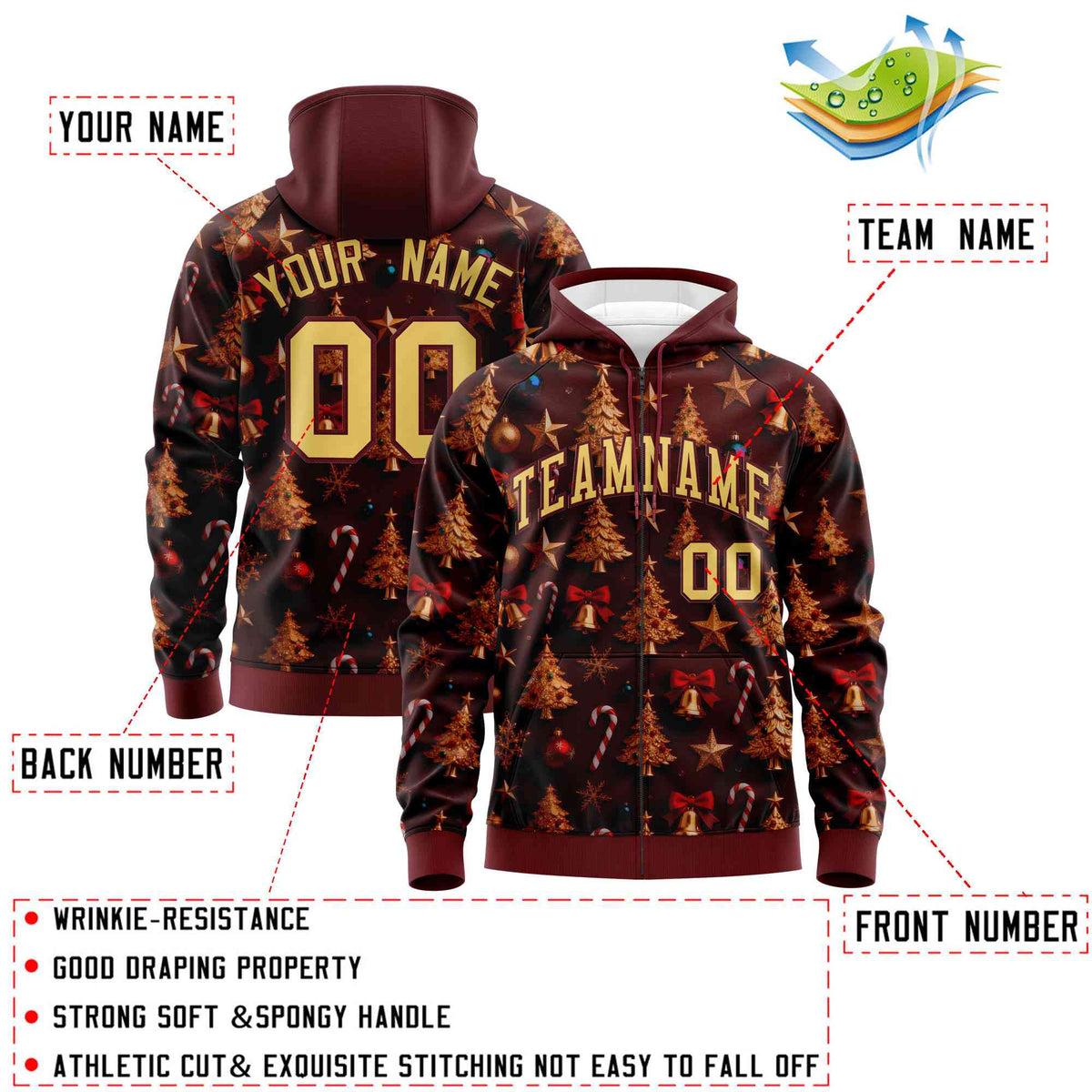 Custom Burgundy Khaki Christmas Graffiti Pattern Athletic Pullover Hoodie