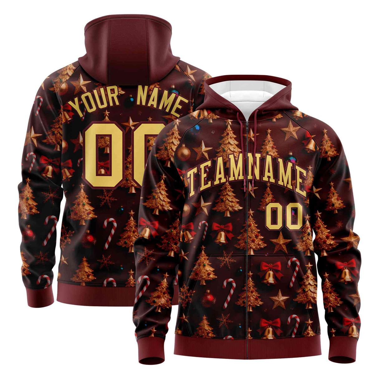 Custom Burgundy Khaki Christmas Graffiti Pattern Athletic Full-Zip Hoodie