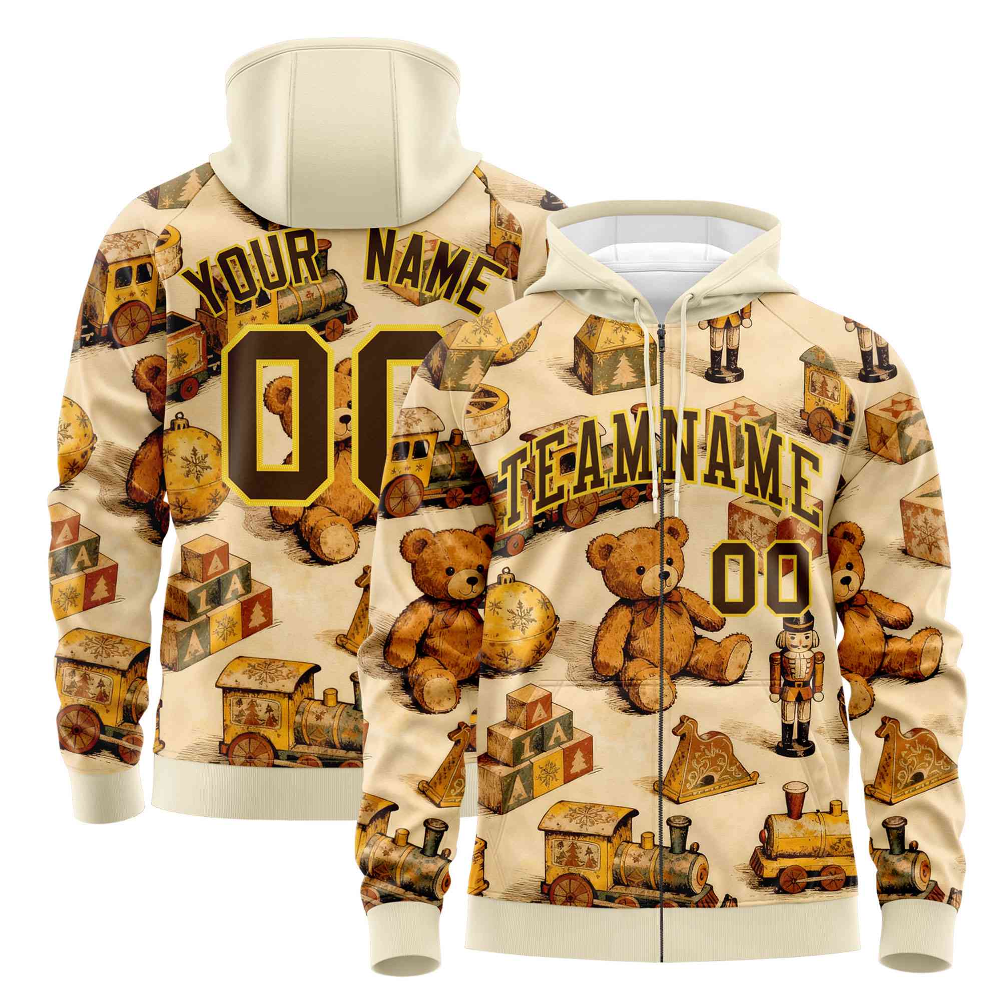 Custom Cream Light Brown Christmas Graffiti Pattern Athletic Pullover Hoodie