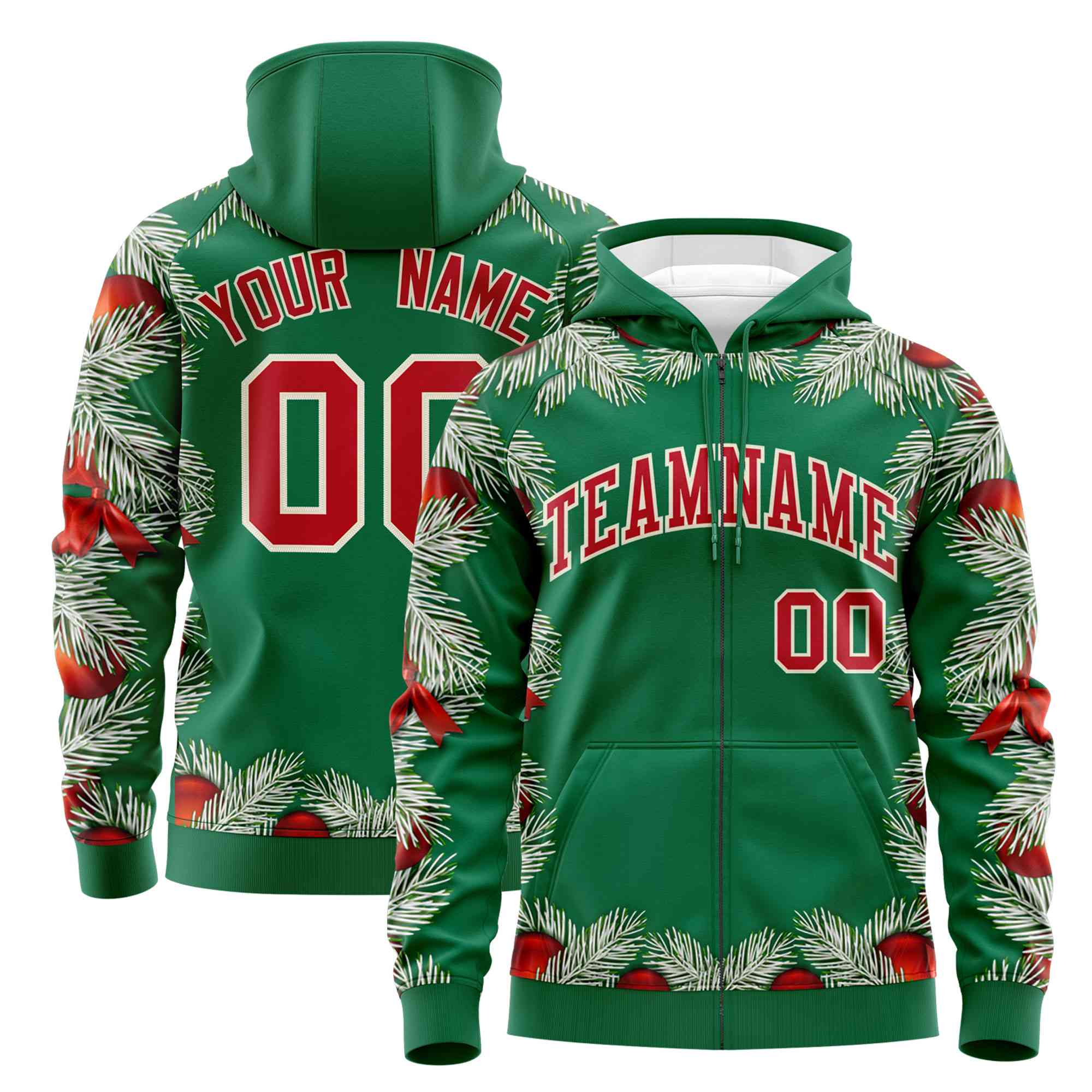 Custom Kelly Green Red Christmas Graffiti Pattern Athletic Full-Zip Hoodie