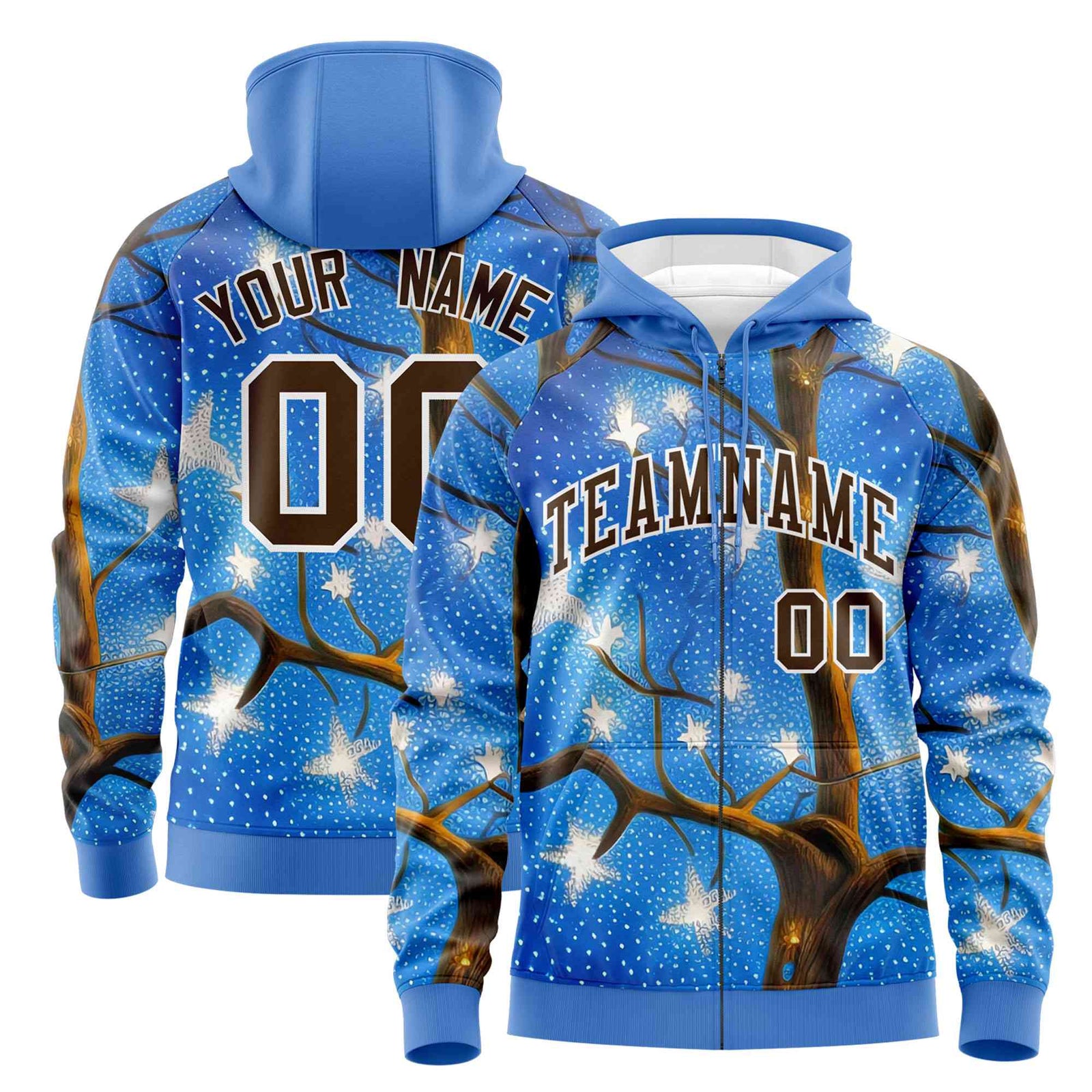 Custom Powder Blue Light Brown Christmas Graffiti Pattern Athletic Pullover Hoodie
