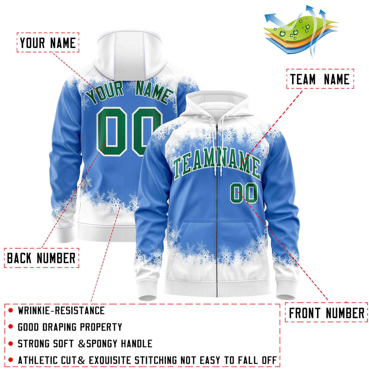 Custom Powder Blue White Christmas Graffiti Pattern Athletic Full-Zip Hoodie