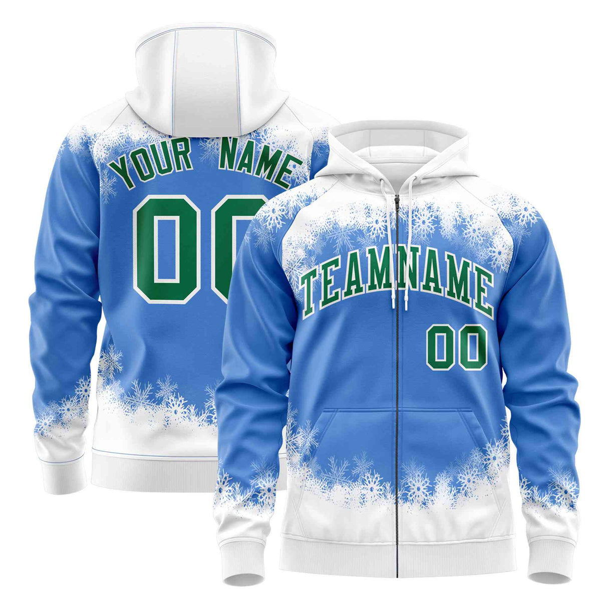 Custom Powder Blue White Christmas Graffiti Pattern Athletic Pullover Hoodie