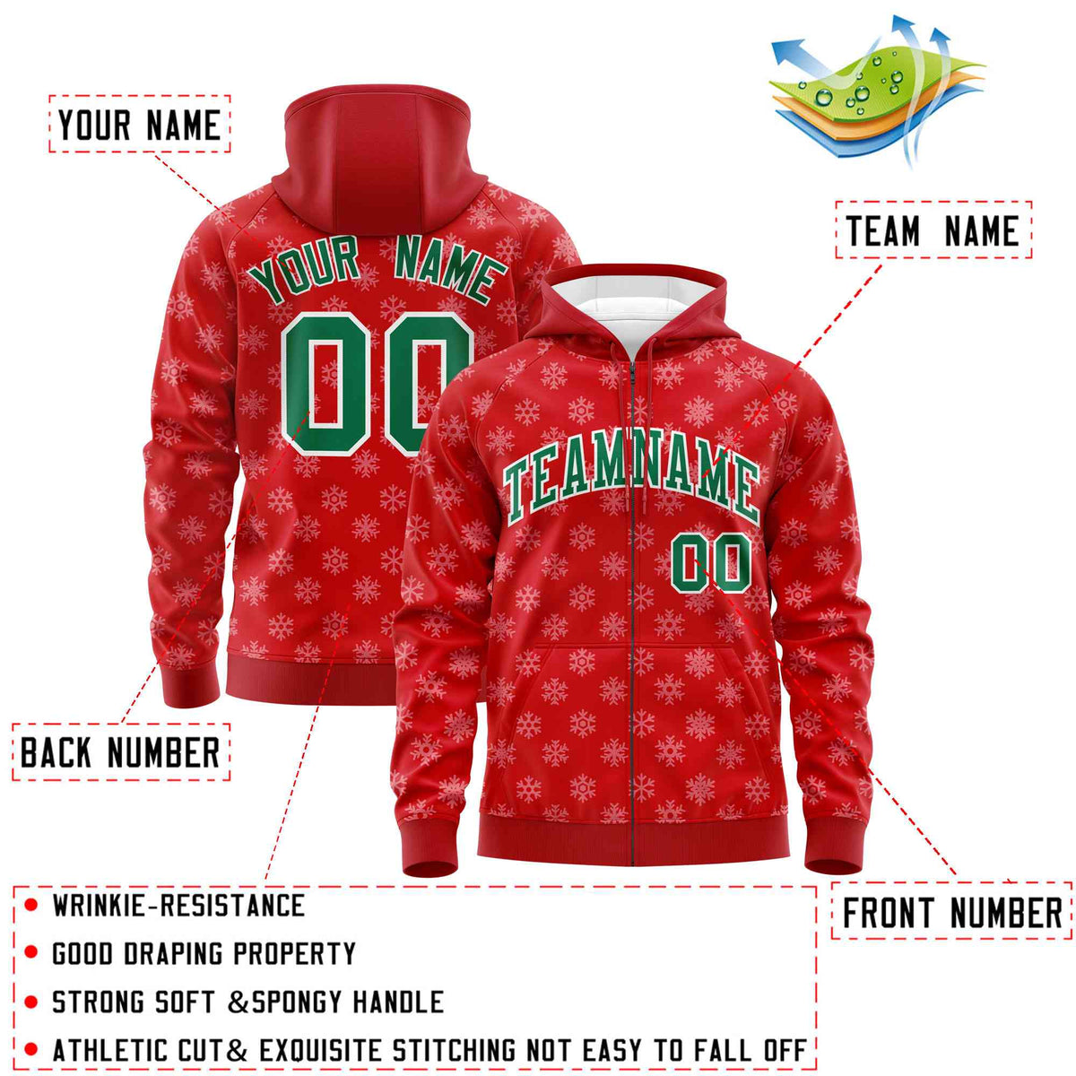 Custom Red Kelly Green Christmas Graffiti Pattern Athletic Full-Zip Hoodie