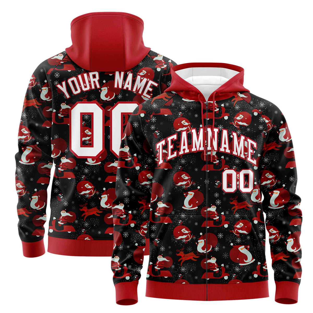 Custom Black Red Christmas Graffiti Pattern Athletic Full-Zip Hoodie