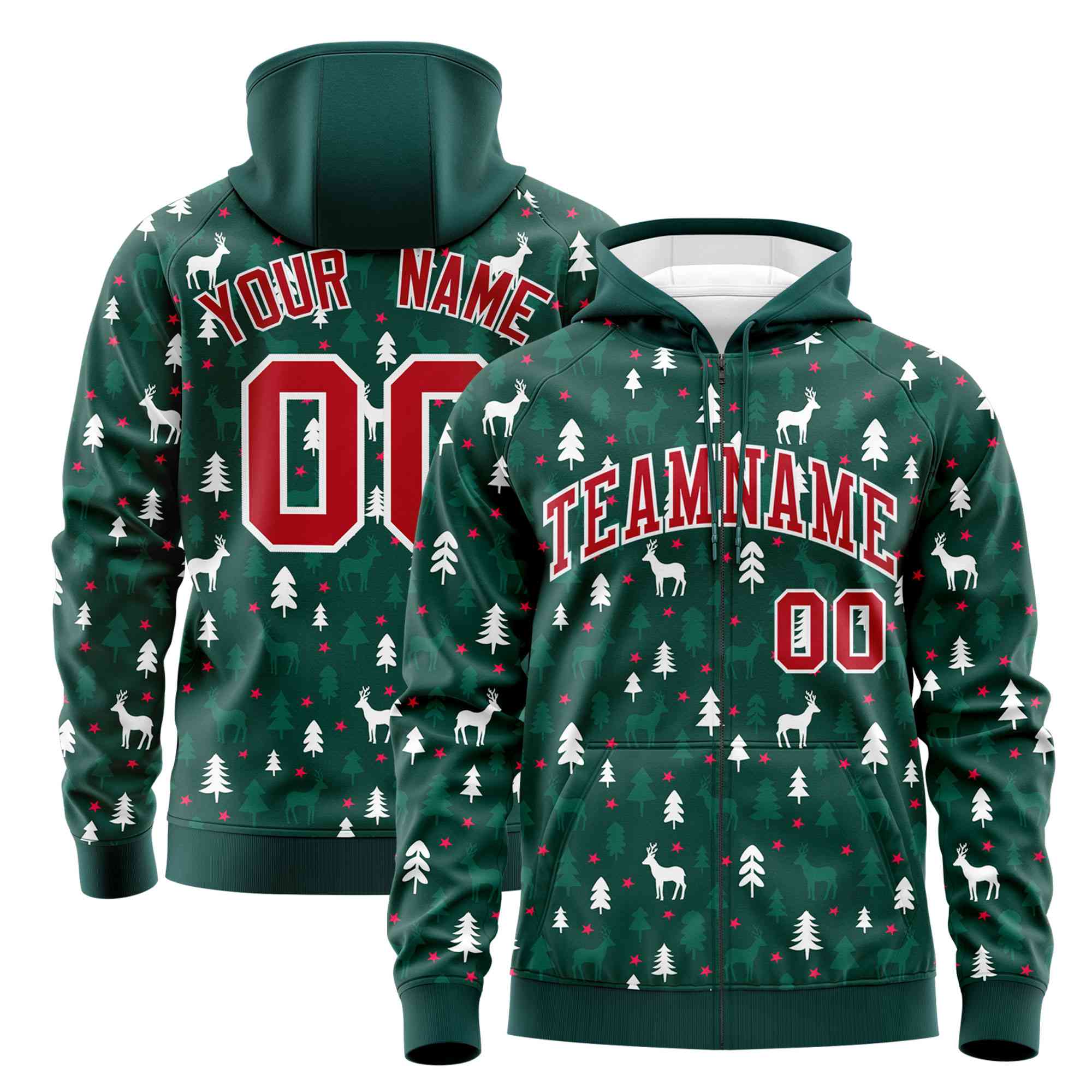 Custom Midnight Green Red Christmas Graffiti Pattern Athletic Full-Zip Hoodie