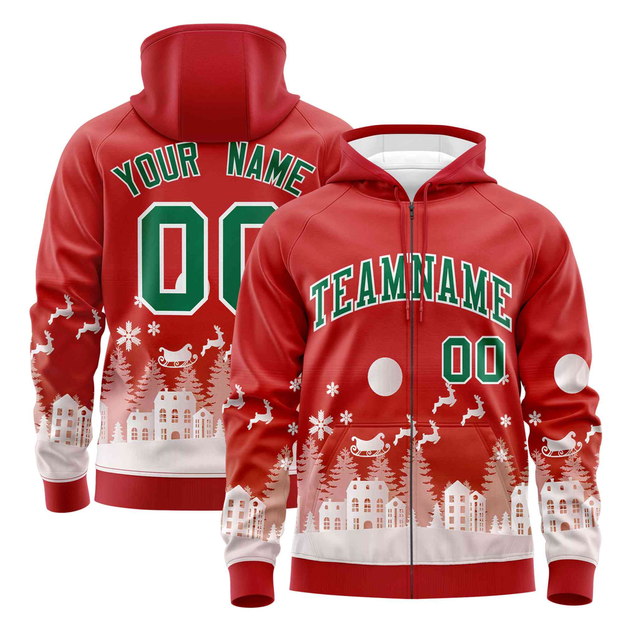 Custom Red Kelly Green Christmas Graffiti Pattern Athletic Pullover Hoodie