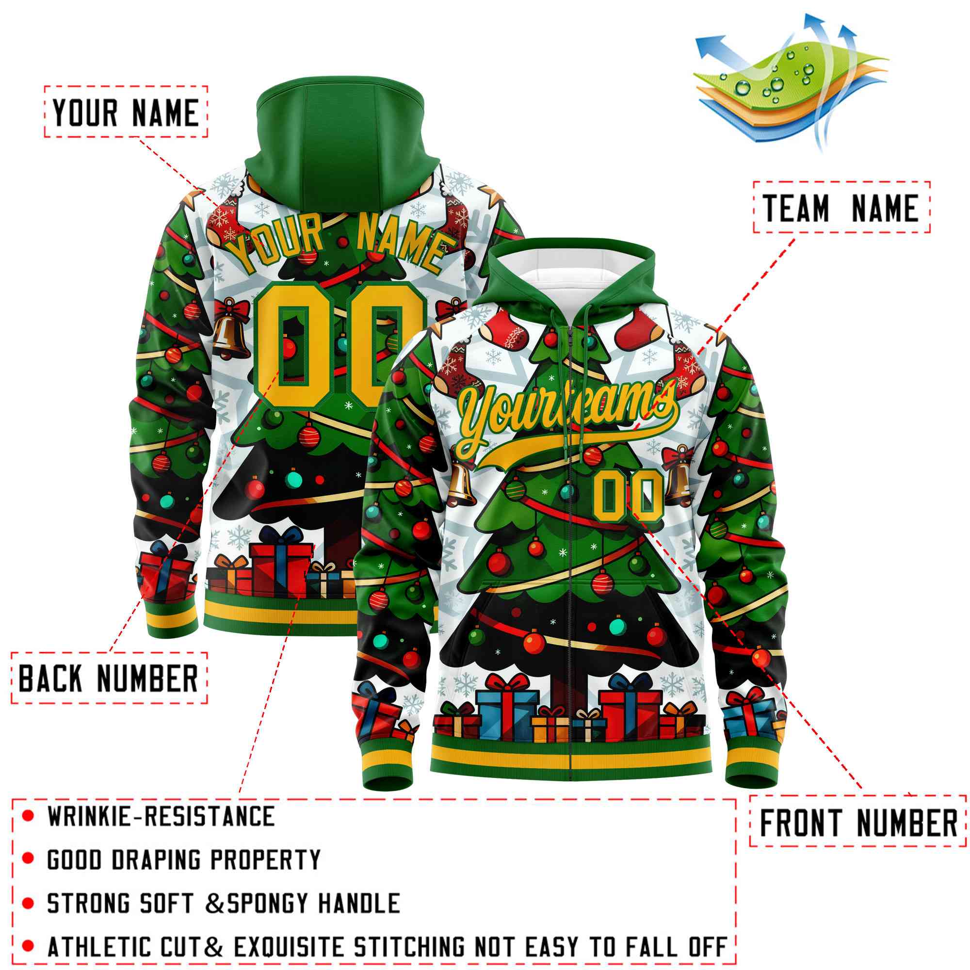 Custom Kelly Green Gold Christmas Graffiti Pattern Athletic Pullover Hoodie