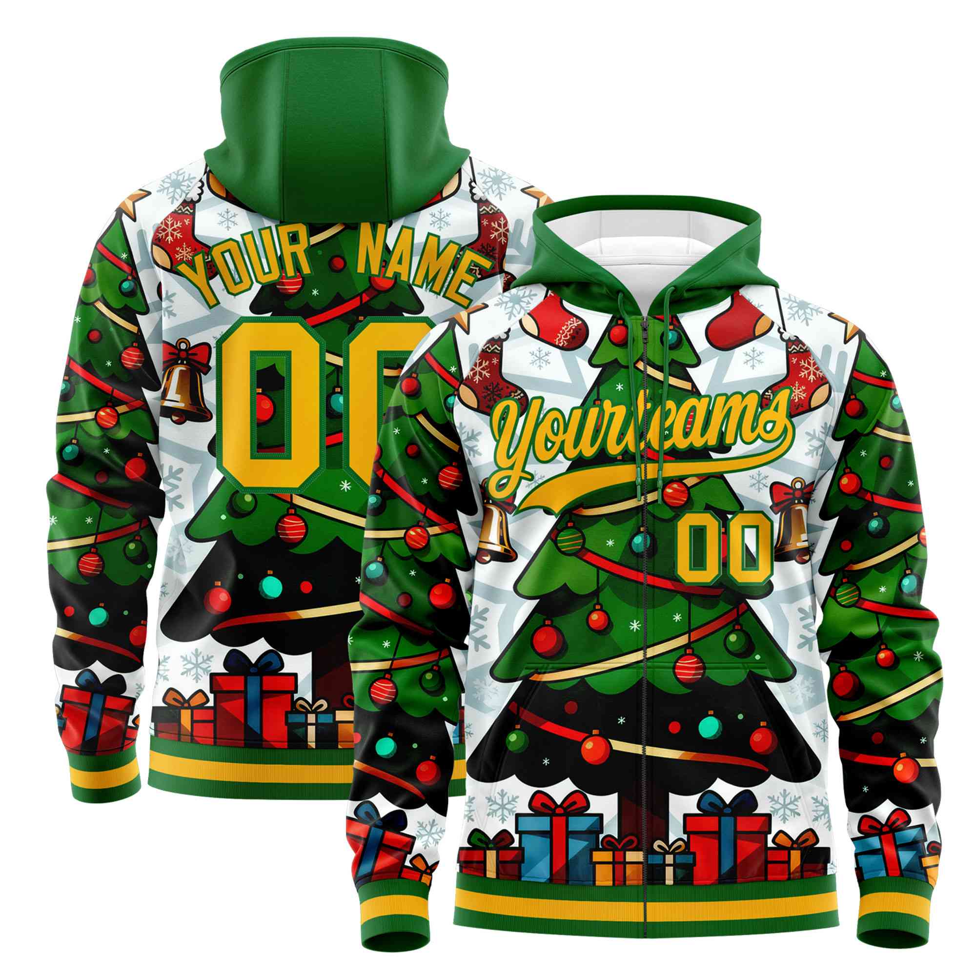 Custom Kelly Green Gold Christmas Graffiti Pattern Athletic Pullover Hoodie