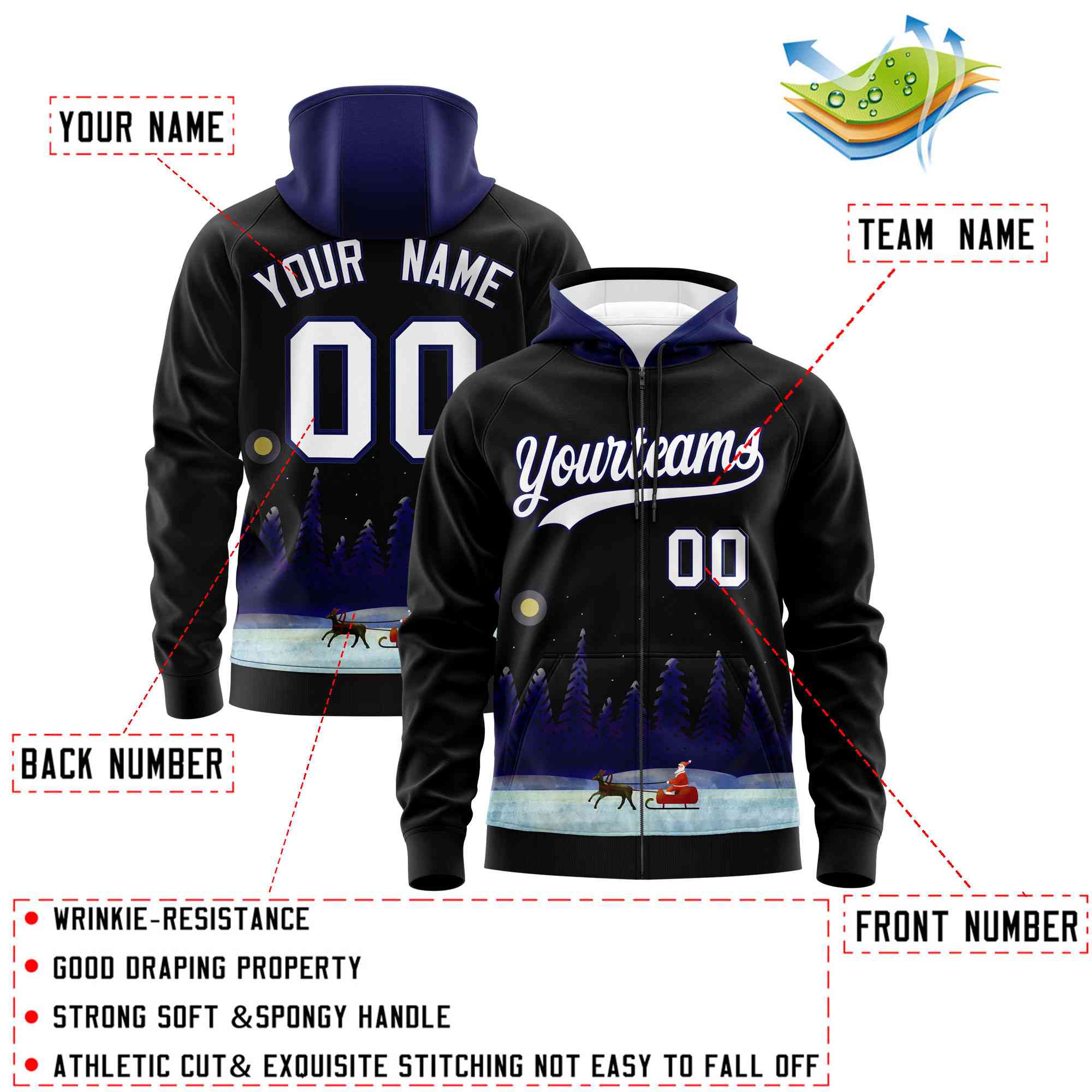 Custom Black Dark Blue Christmas Graffiti Pattern Athletic Full-Zip Hoodie