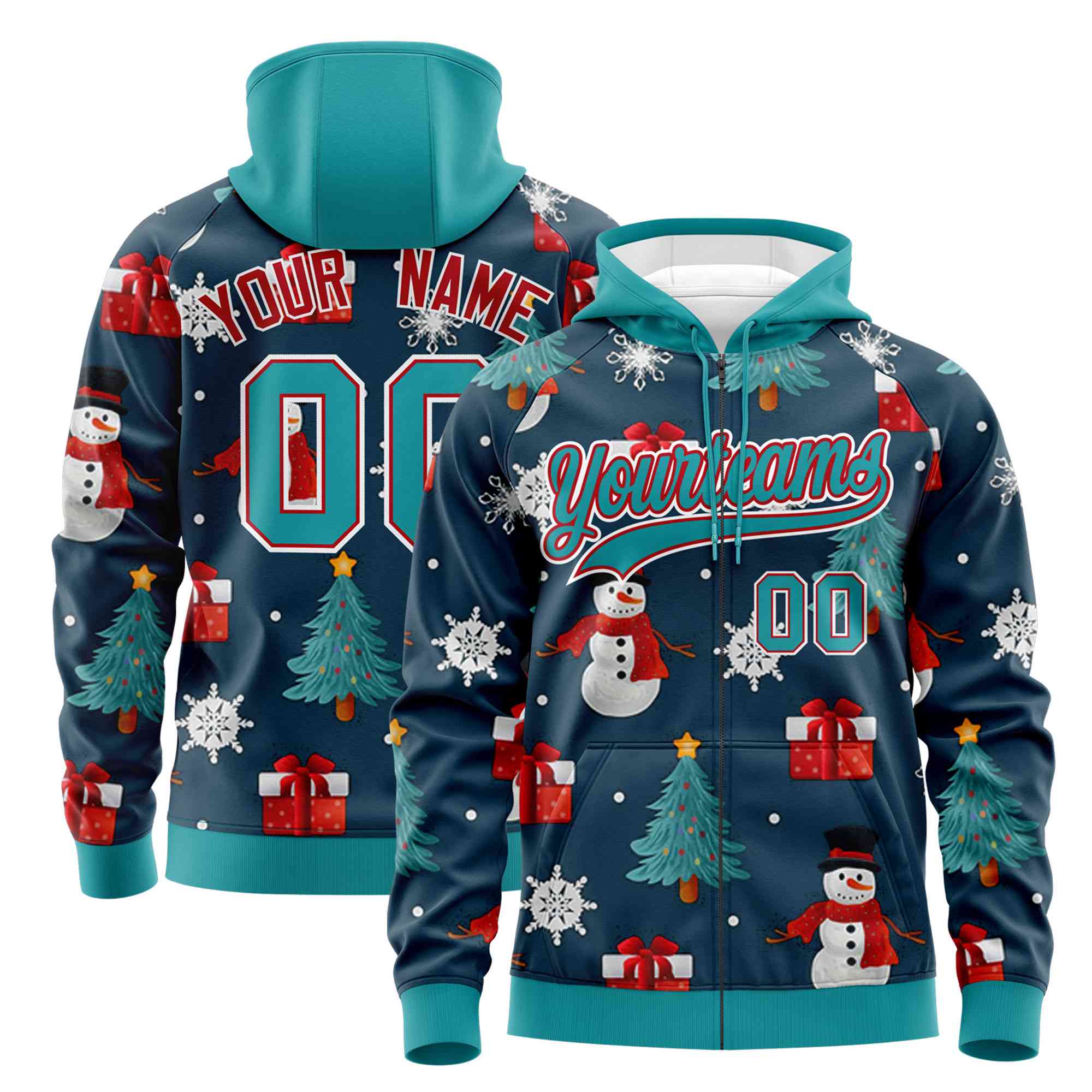 Custom Midnight Blue Aqua Christmas Graffiti Pattern Athletic Full-Zip Hoodie