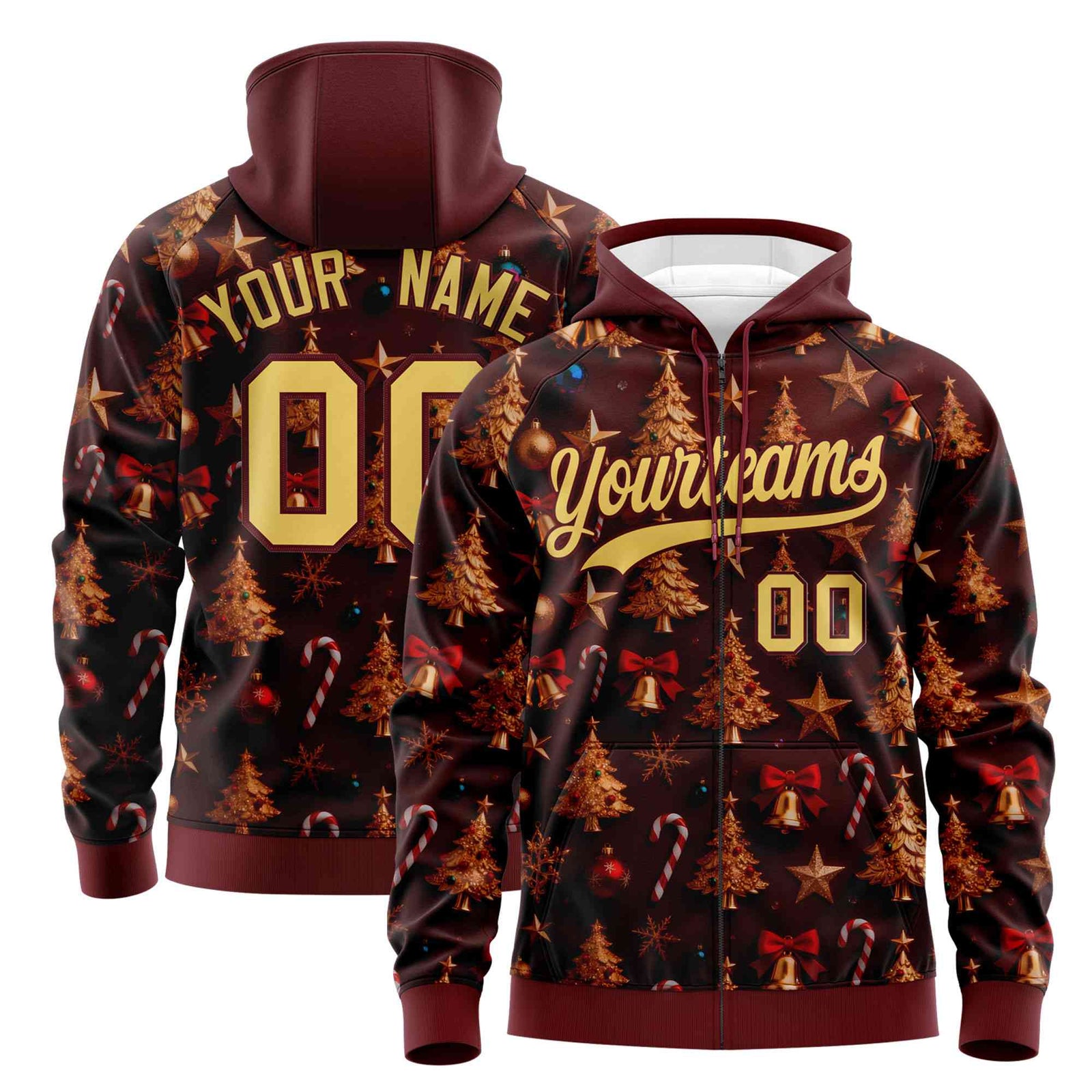 Custom Burgundy Khaki Christmas Graffiti Pattern Athletic Full-Zip Hoodie