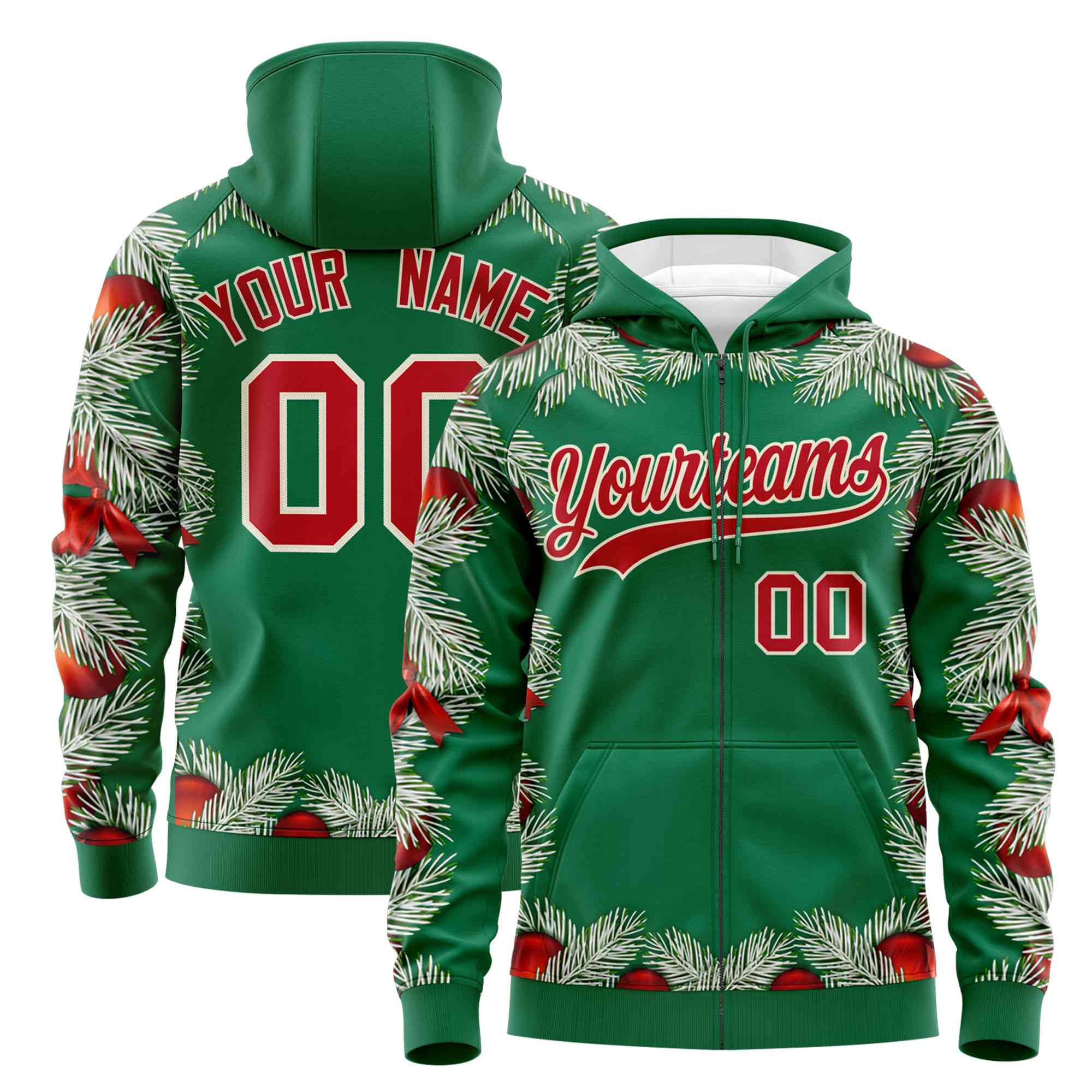 Custom Kelly Green Red Christmas Graffiti Pattern Athletic Full-Zip Hoodie