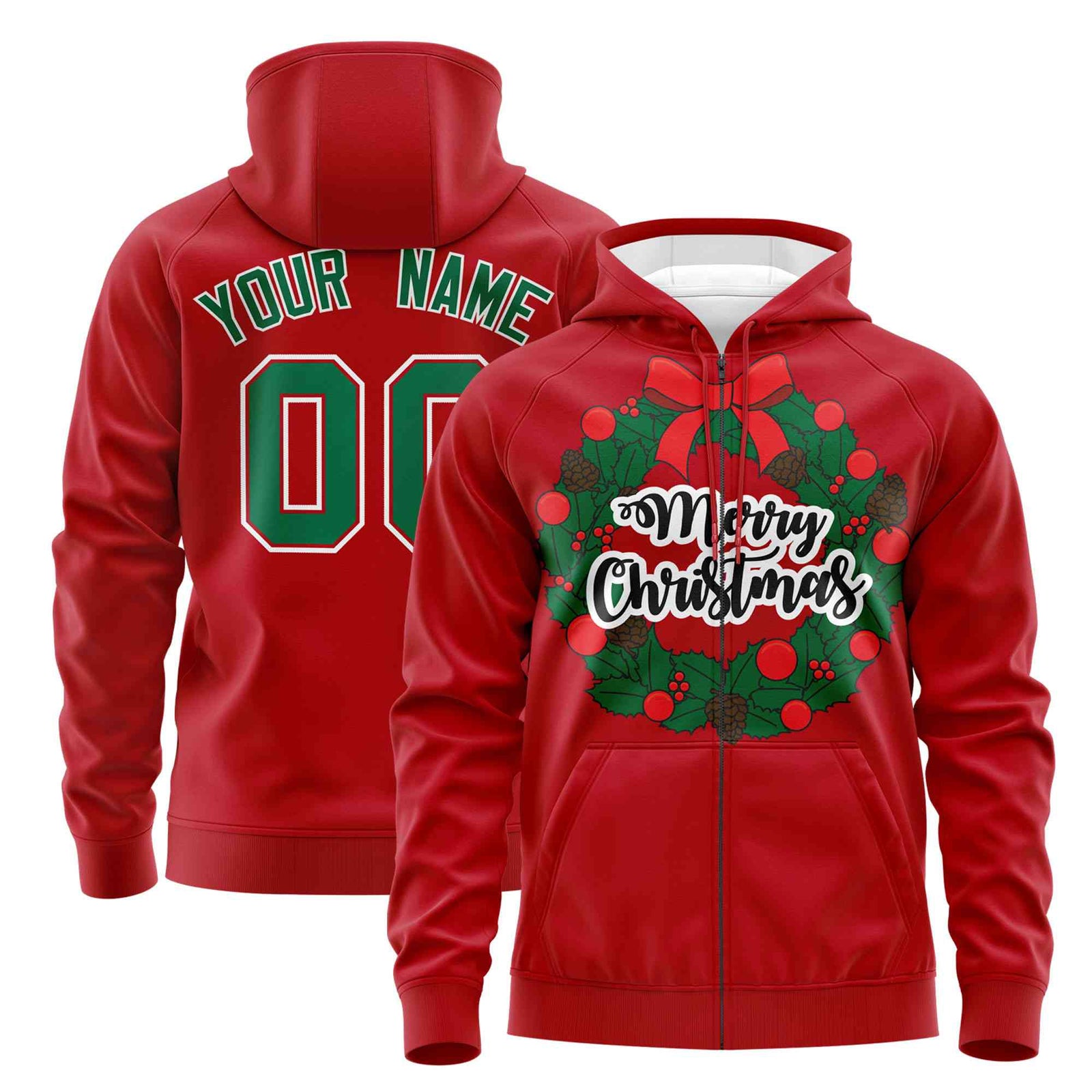 Custom Red Kelly Green Christmas Graffiti Pattern Athletic Pullover Hoodie