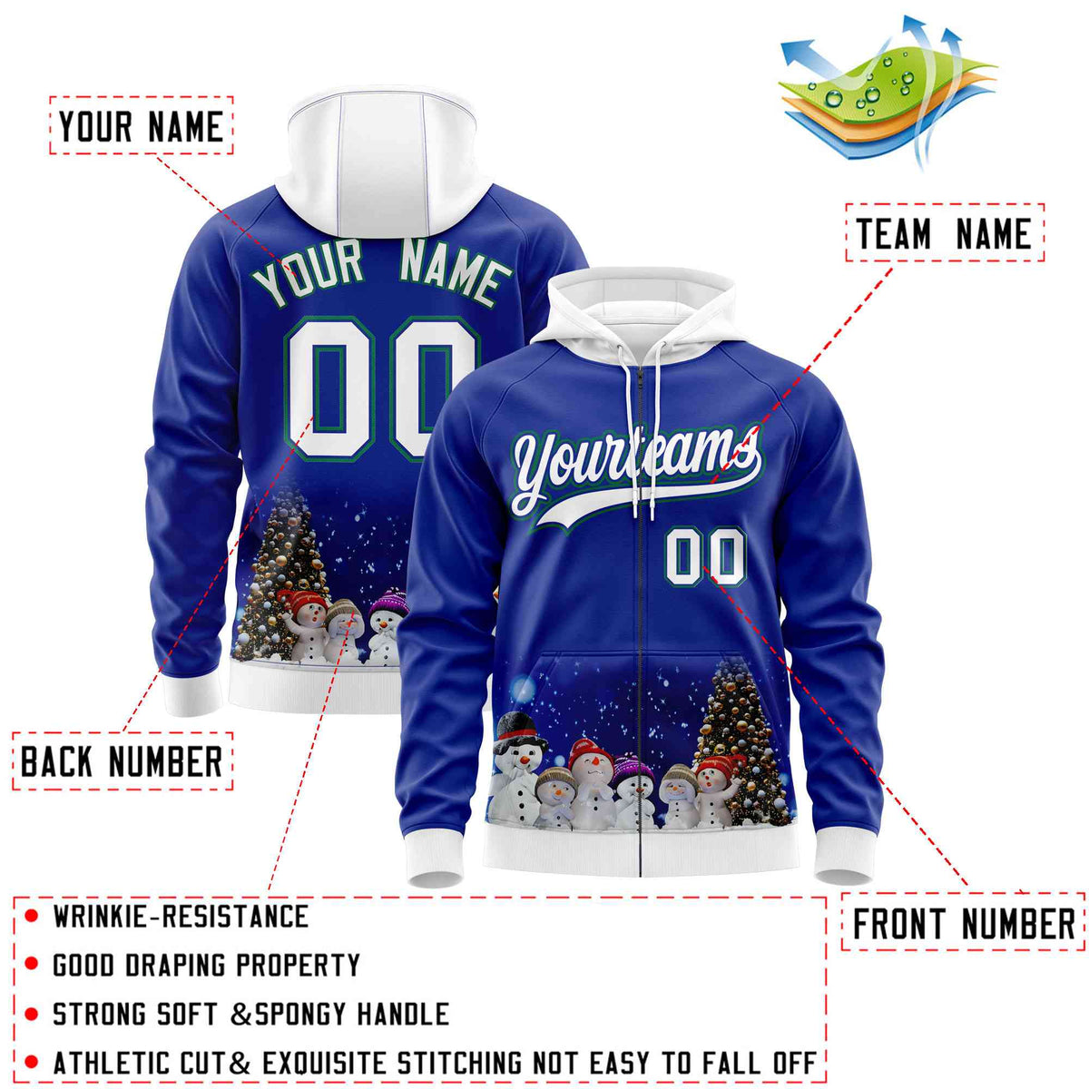 Custom Royal Blue White Christmas Graffiti Pattern Athletic Full-Zip Hoodie