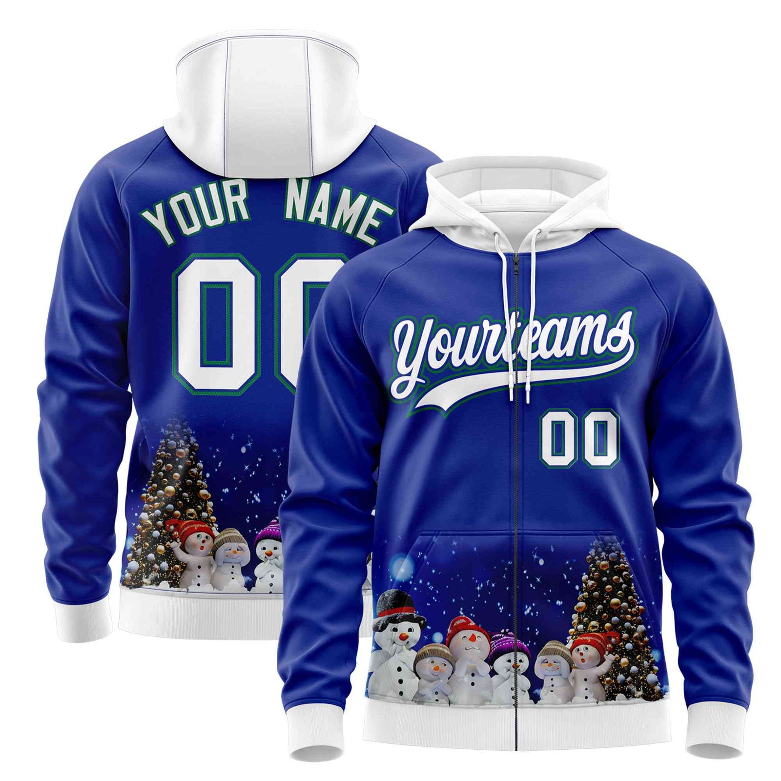 Custom Royal Blue White Christmas Graffiti Pattern Athletic Full-Zip Hoodie