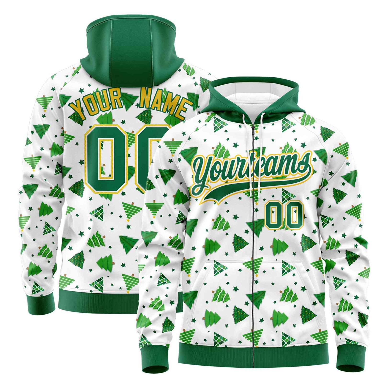 Custom White Kelly Green Christmas Graffiti Pattern Athletic Full-Zip Hoodie
