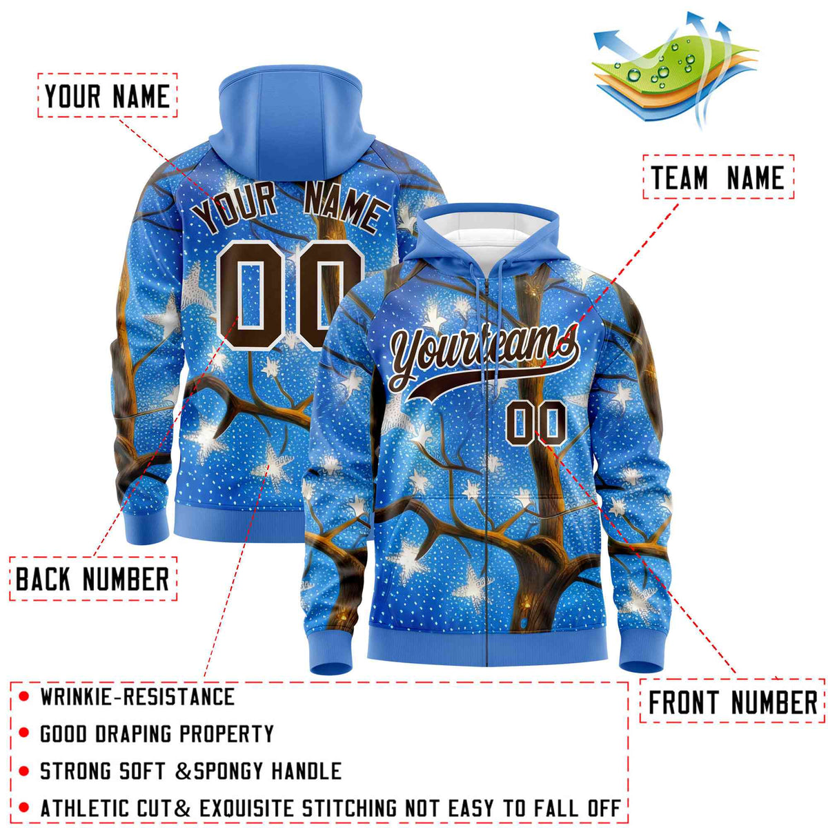 Custom Powder Blue Light Brown Christmas Graffiti Pattern Athletic Pullover Hoodie