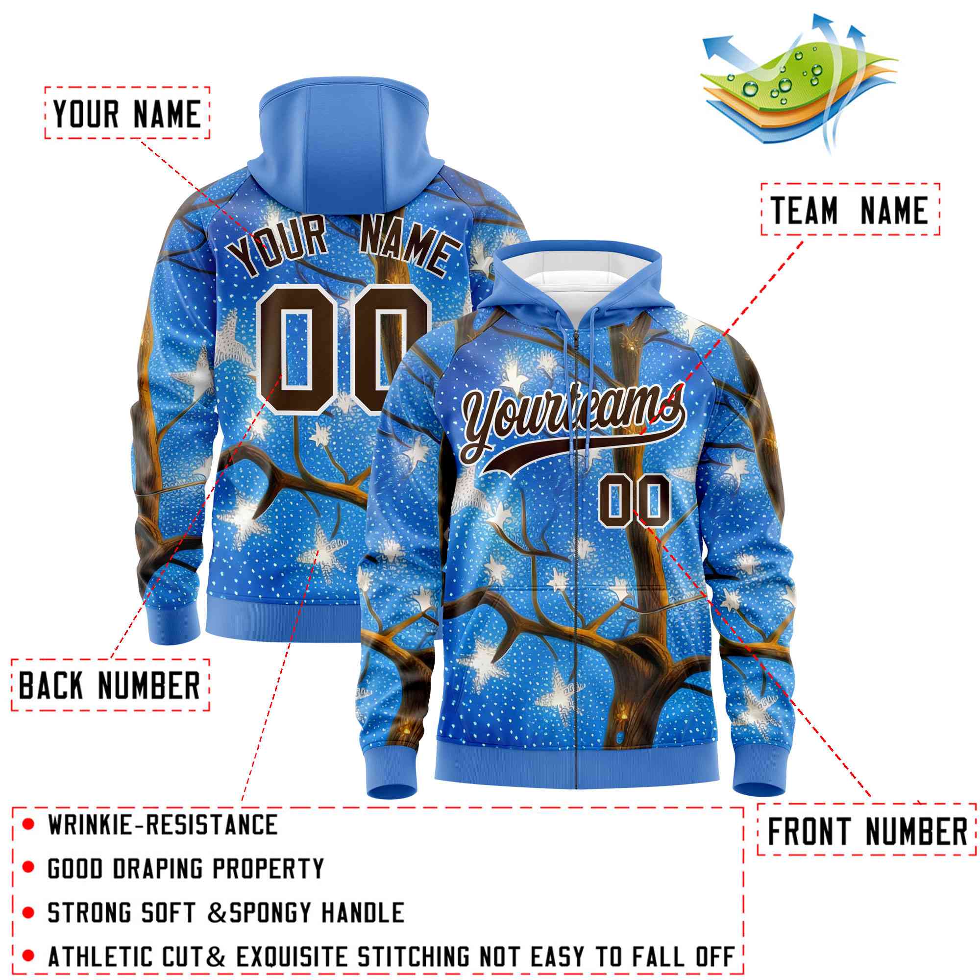 Custom Powder Blue Light Brown Christmas Graffiti Pattern Athletic Pullover Hoodie