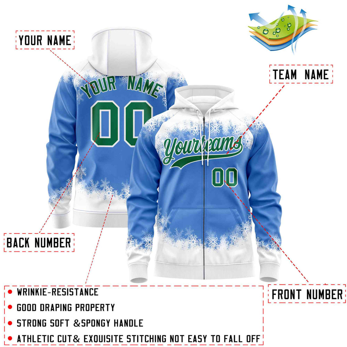 Custom Powder Blue White Christmas Graffiti Pattern Athletic Pullover Hoodie