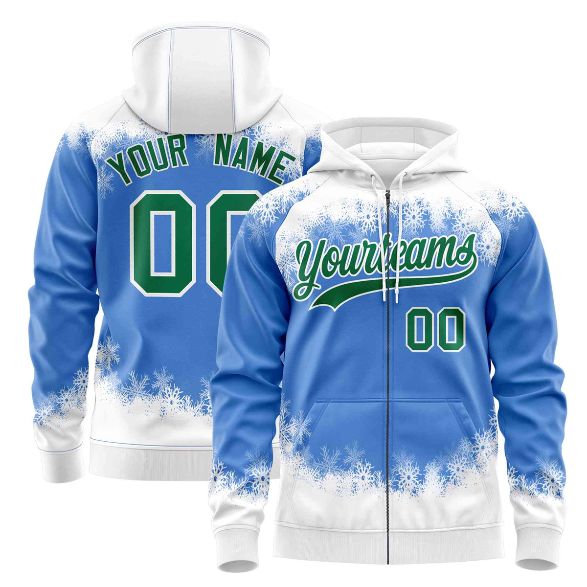 Custom Powder Blue White Christmas Graffiti Pattern Athletic Pullover Hoodie