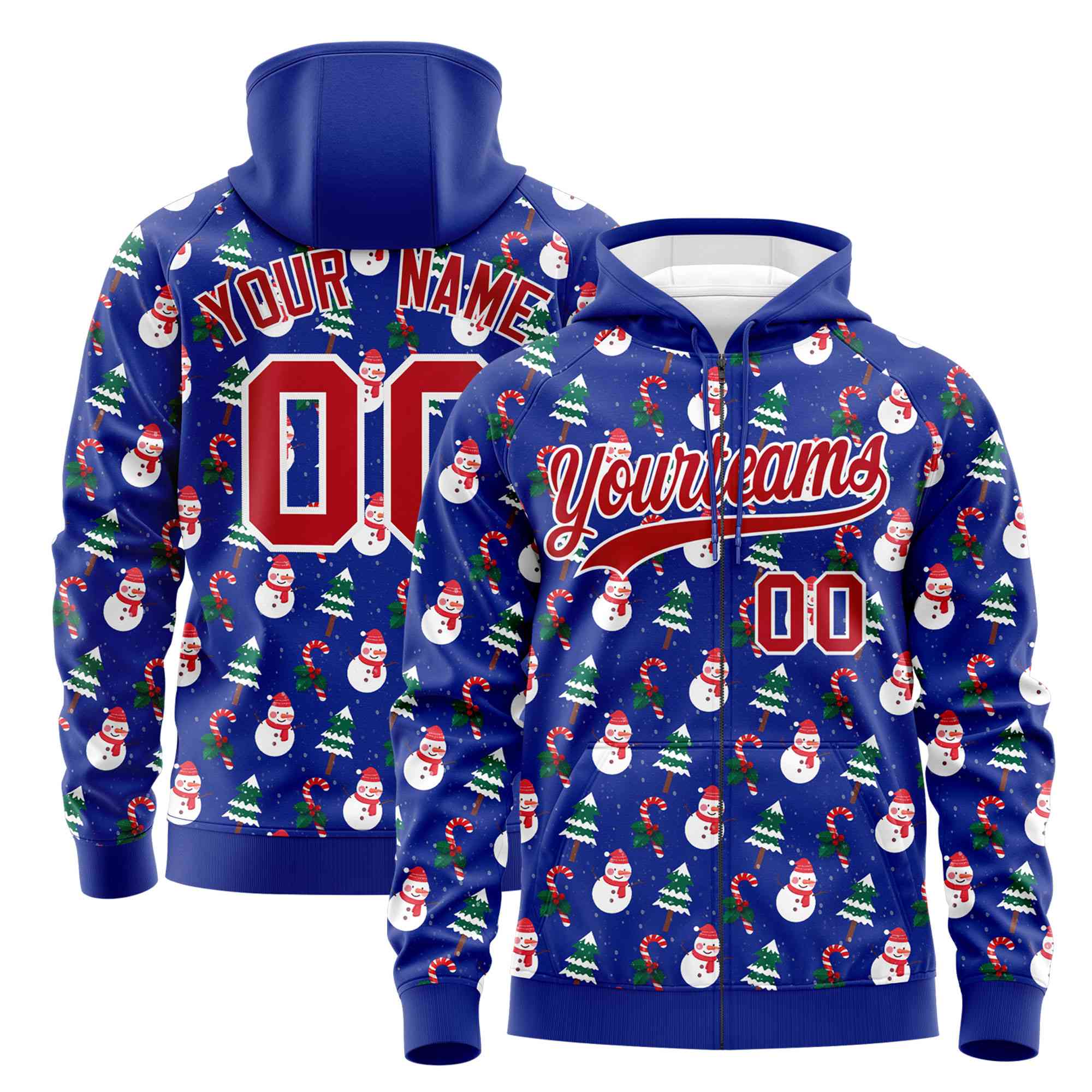 Custom Royal Blue Red Christmas Graffiti Pattern Athletic Full-Zip Hoodie