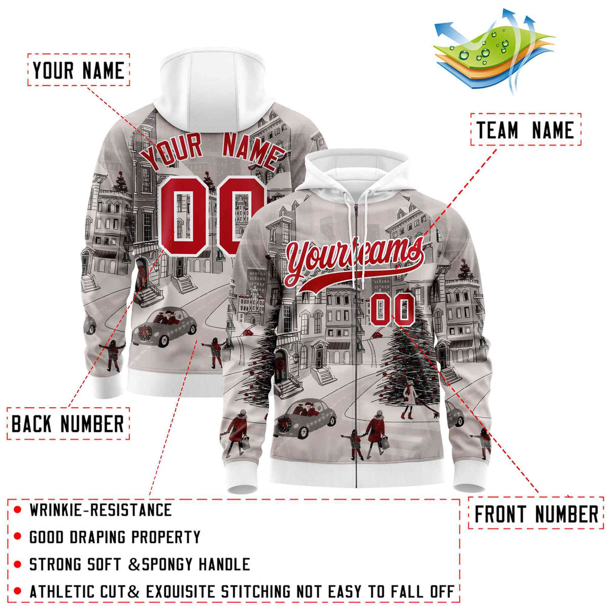 Custom White Red Christmas Graffiti Pattern Athletic Pullover Hoodie