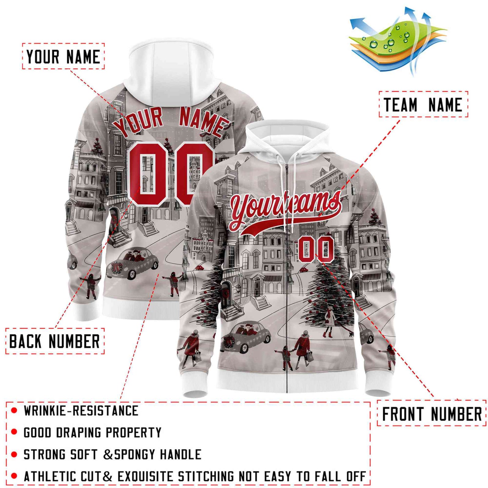 Custom White Red Christmas Graffiti Pattern Athletic Pullover Hoodie